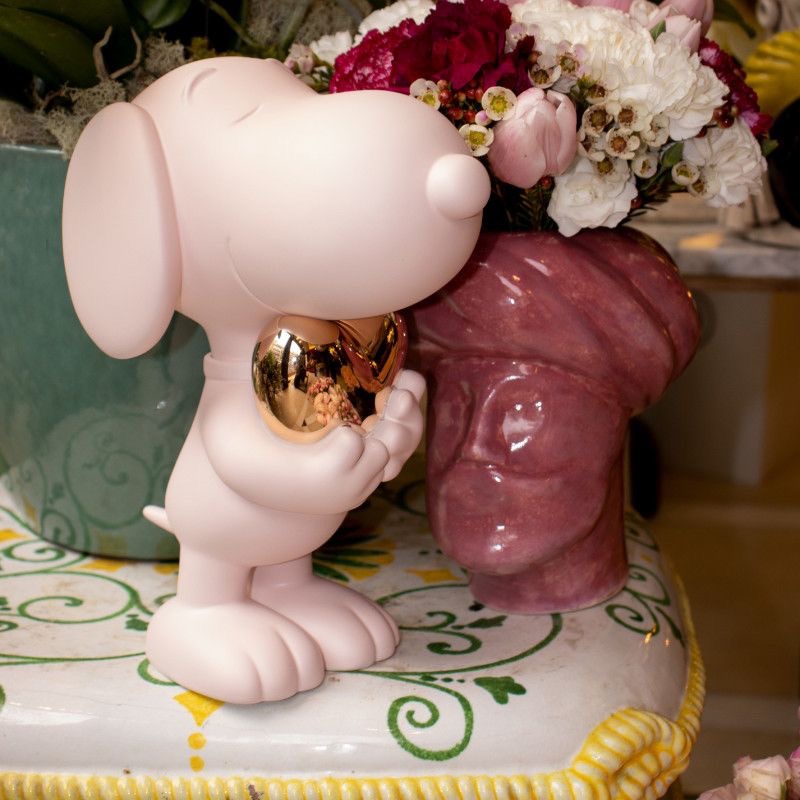 Snoopy Heart Sculpture in Matte Pink with a Gold Heart
