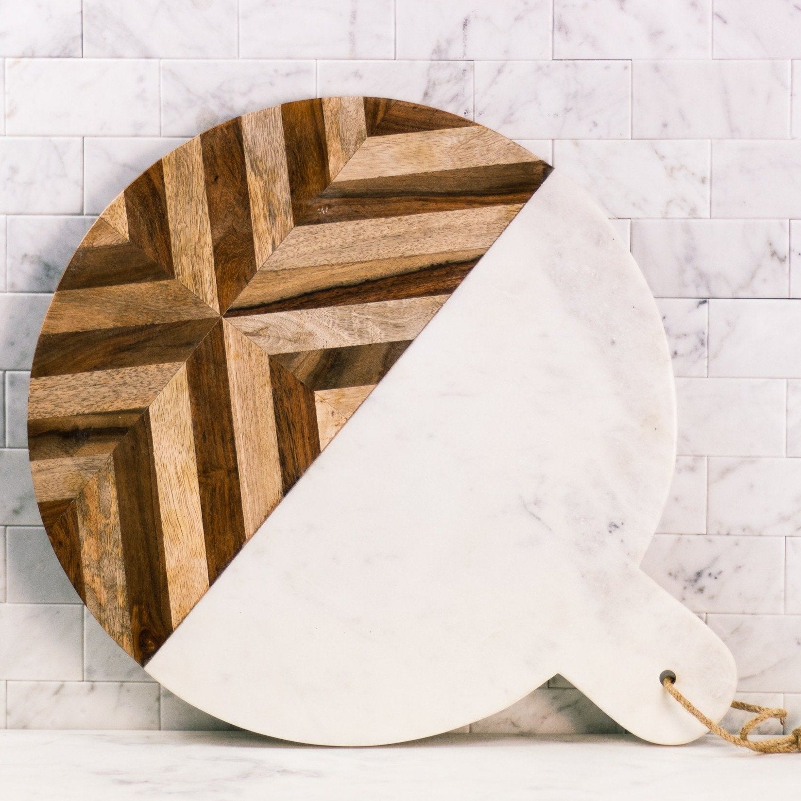 Extra Large White Marble & Wood Mosaic Round Board