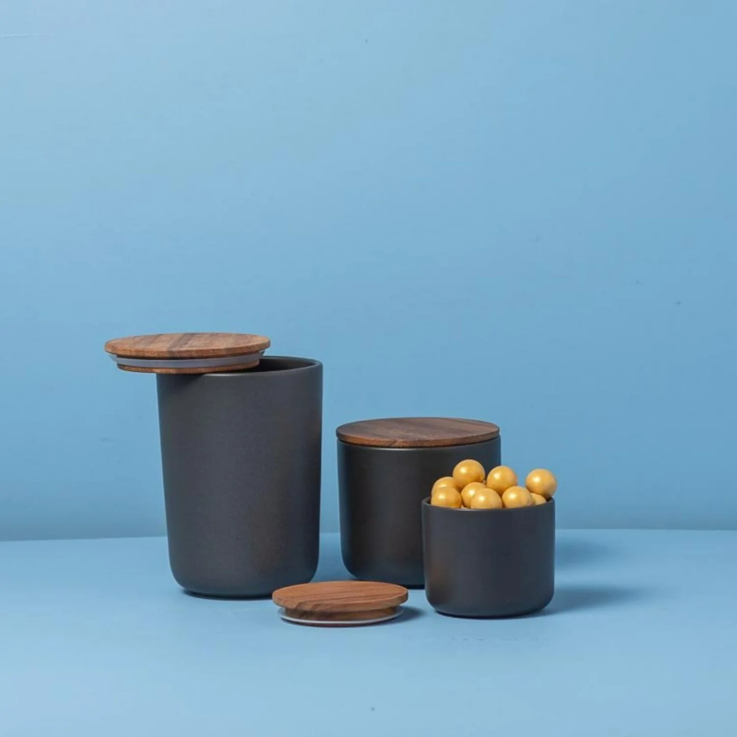 White Stoneware Container with Acacia Lid