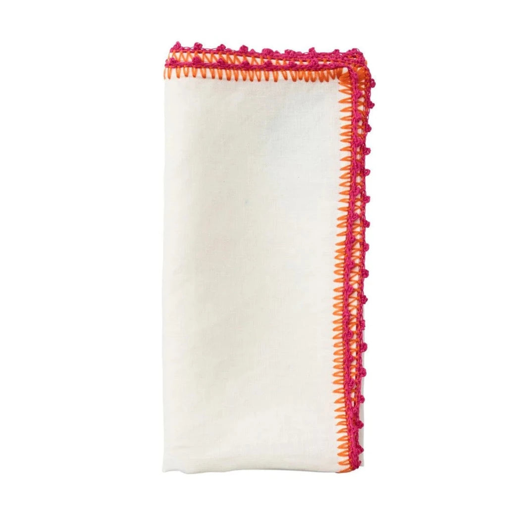 Knotted Edge Napkin in White, Pink & Orange - Set of 4