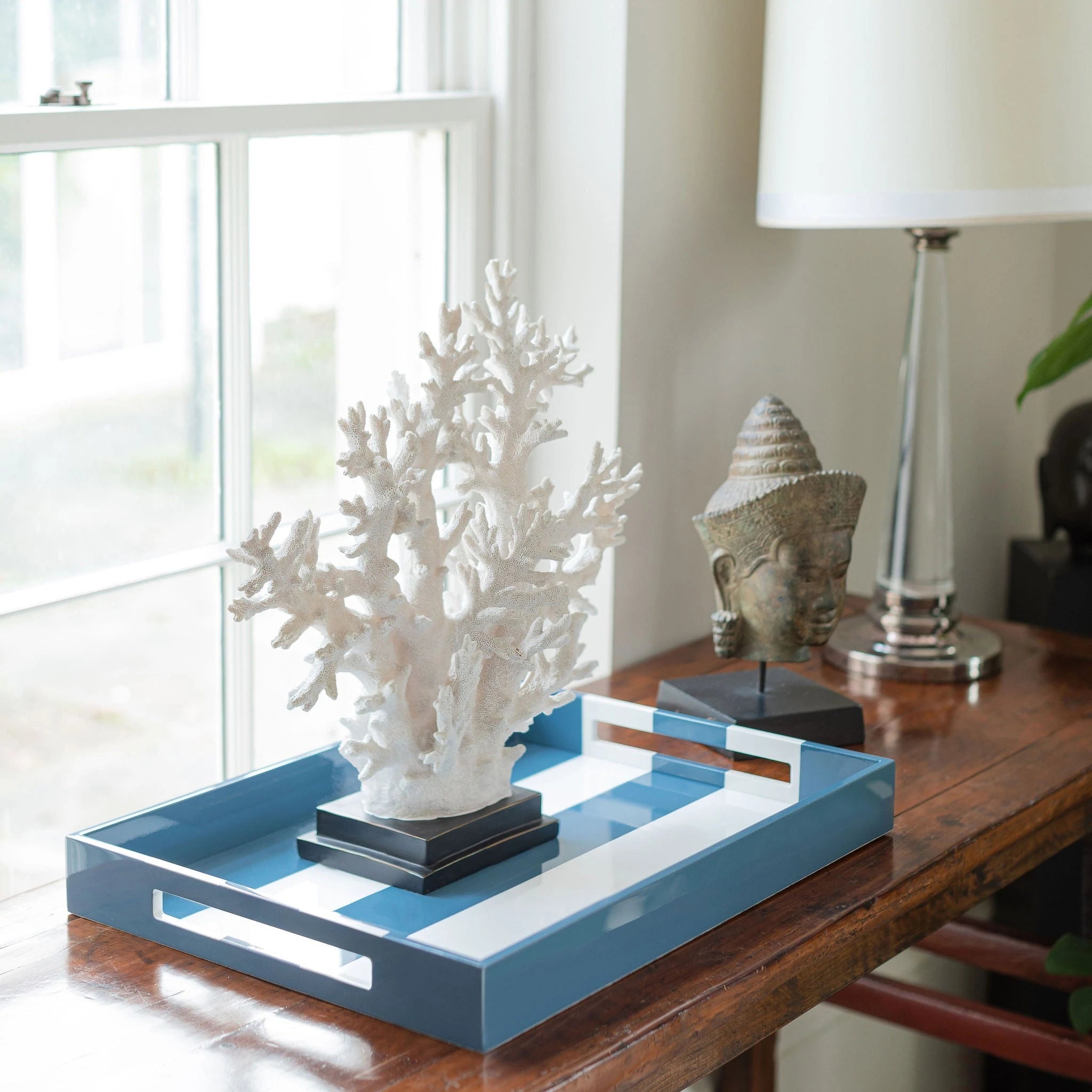 Denim Blue Striped Large Lacquered Tray