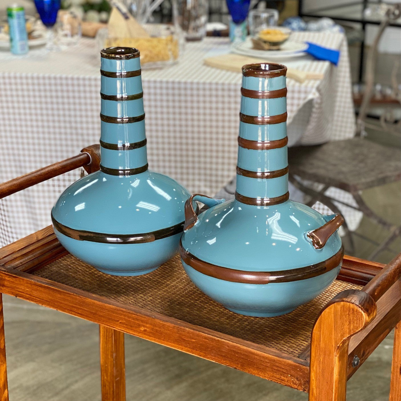 Blue/Brown Ribbed Vase with Handle