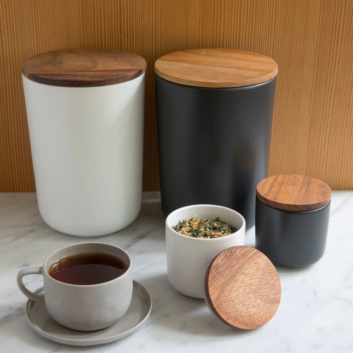 White Stoneware Container with Acacia Lid