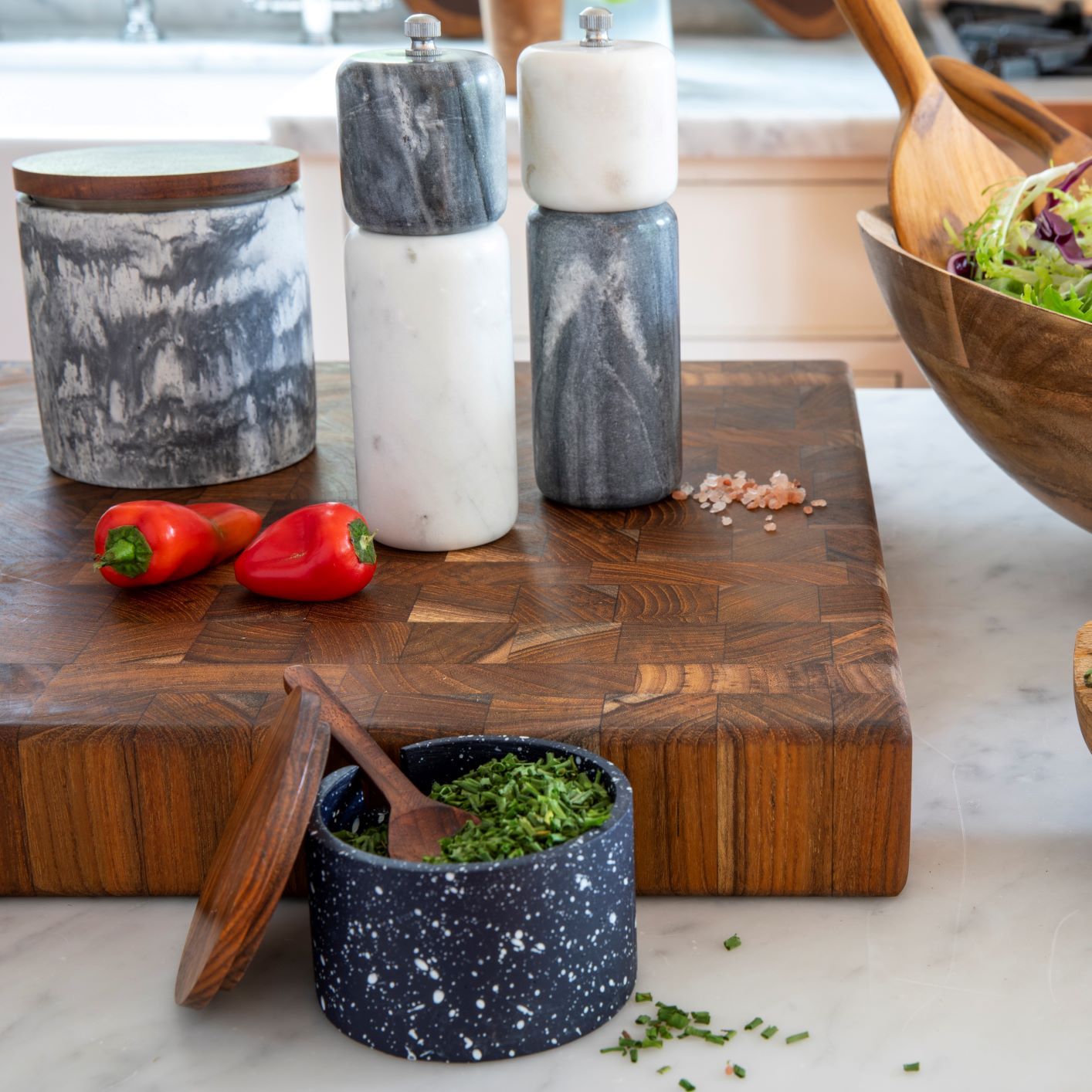 Marbled Cement & Acacia Canister - Set of 2