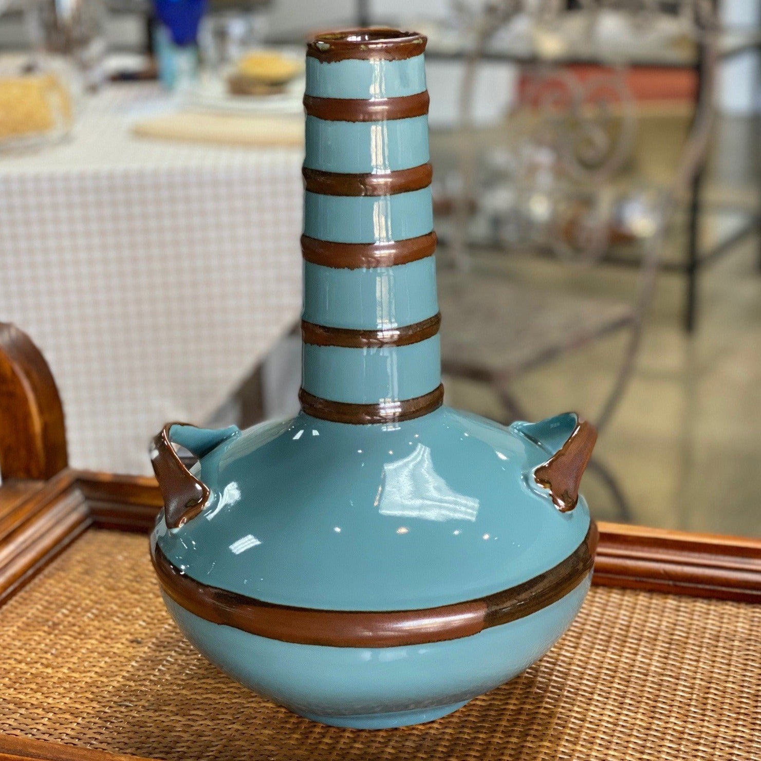 Blue/Brown Ribbed Vase with Handle