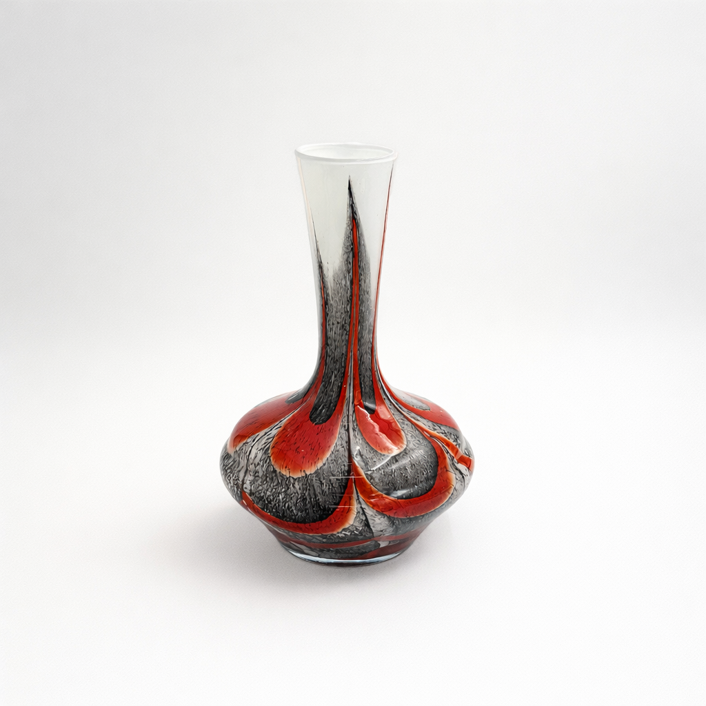 Vintage Red and Black Feathered Vase, 10½" H