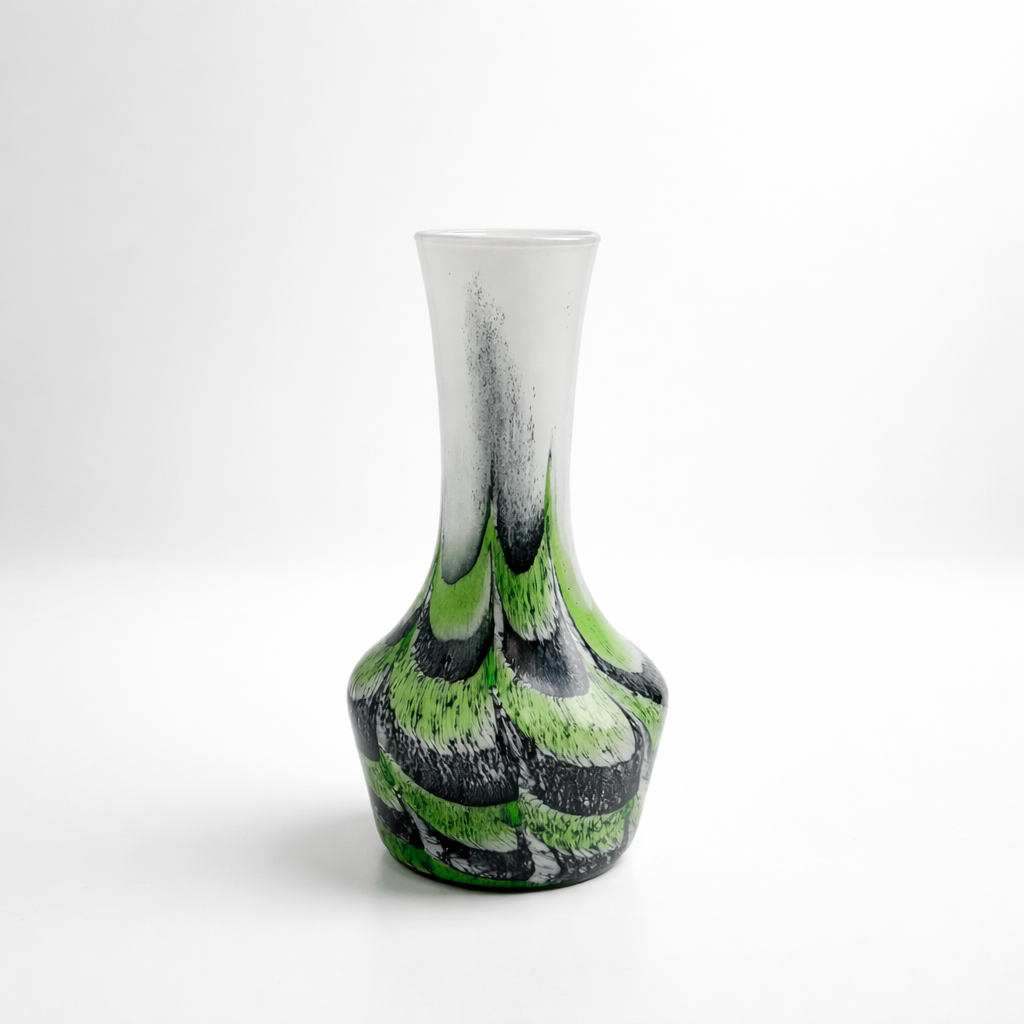 Vintage Green and Black Feathered Vase, 9¾" H