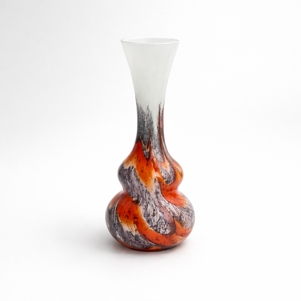 Vintage Orange and Black Feathered Vase, 10½" H