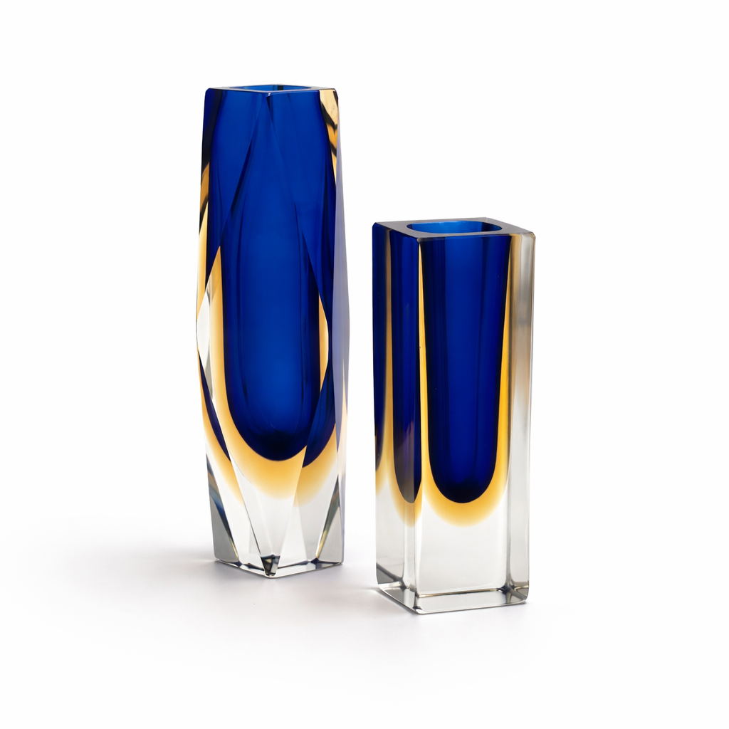 Vintage Cobalt and Amber Square Vase, 5½" H