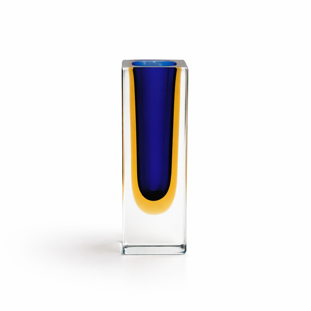 Vintage Cobalt and Amber Square Vase, 5½" H