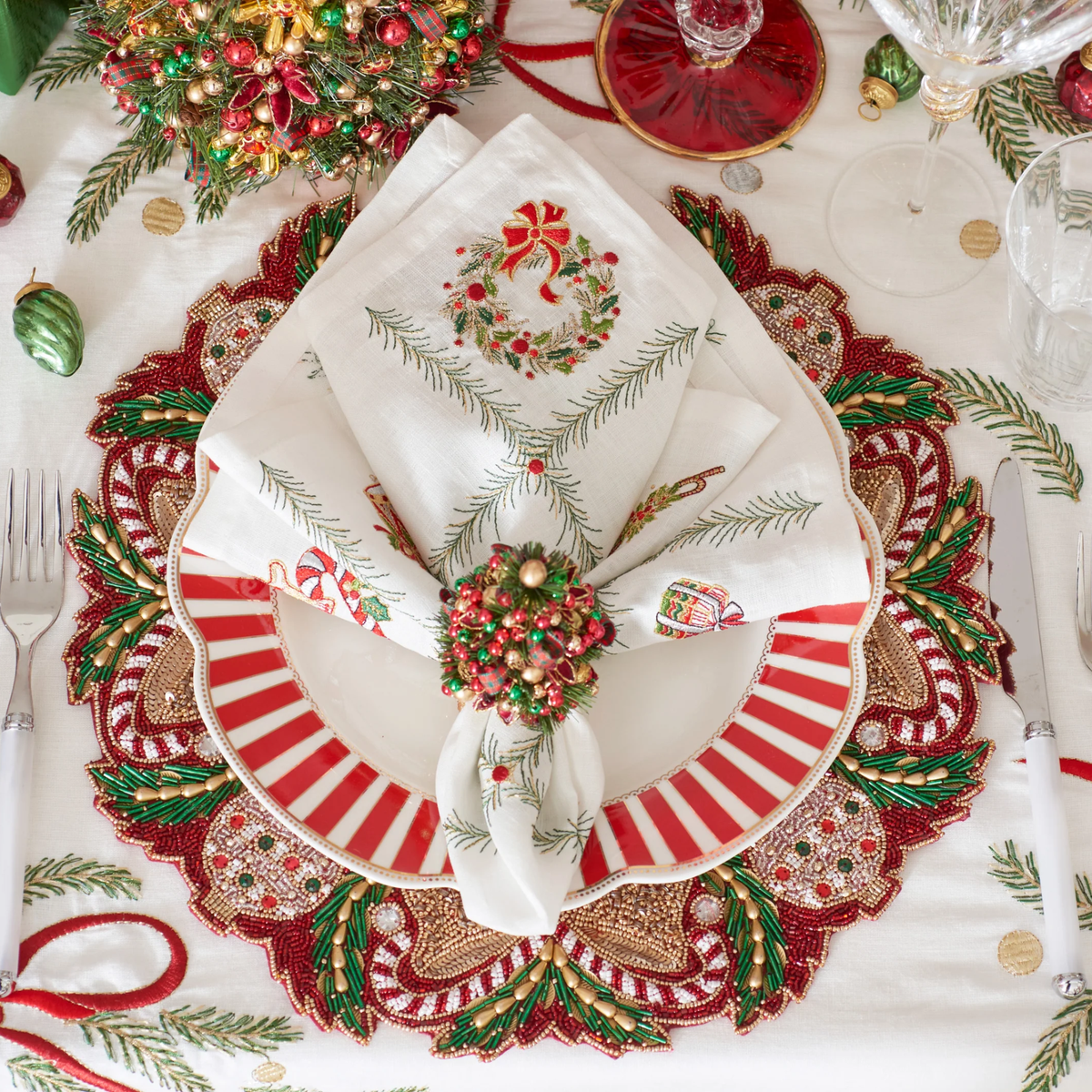 Candy Cane Bow Placemat in Red, Green & Gold - Set of 4