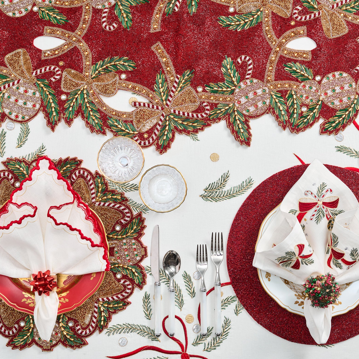 Candy Cane Bow Placemat in Red, Green & Gold - Set of 4