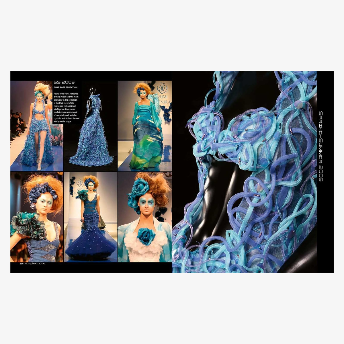 A book spread featuring multiple runway photos of blue and teal dresses, a large close-up of a blue ribbon-like headpiece on a black mannequin, and a small inset photo of a model wearing a floral headpiece. The layout is set against a light gray page background.