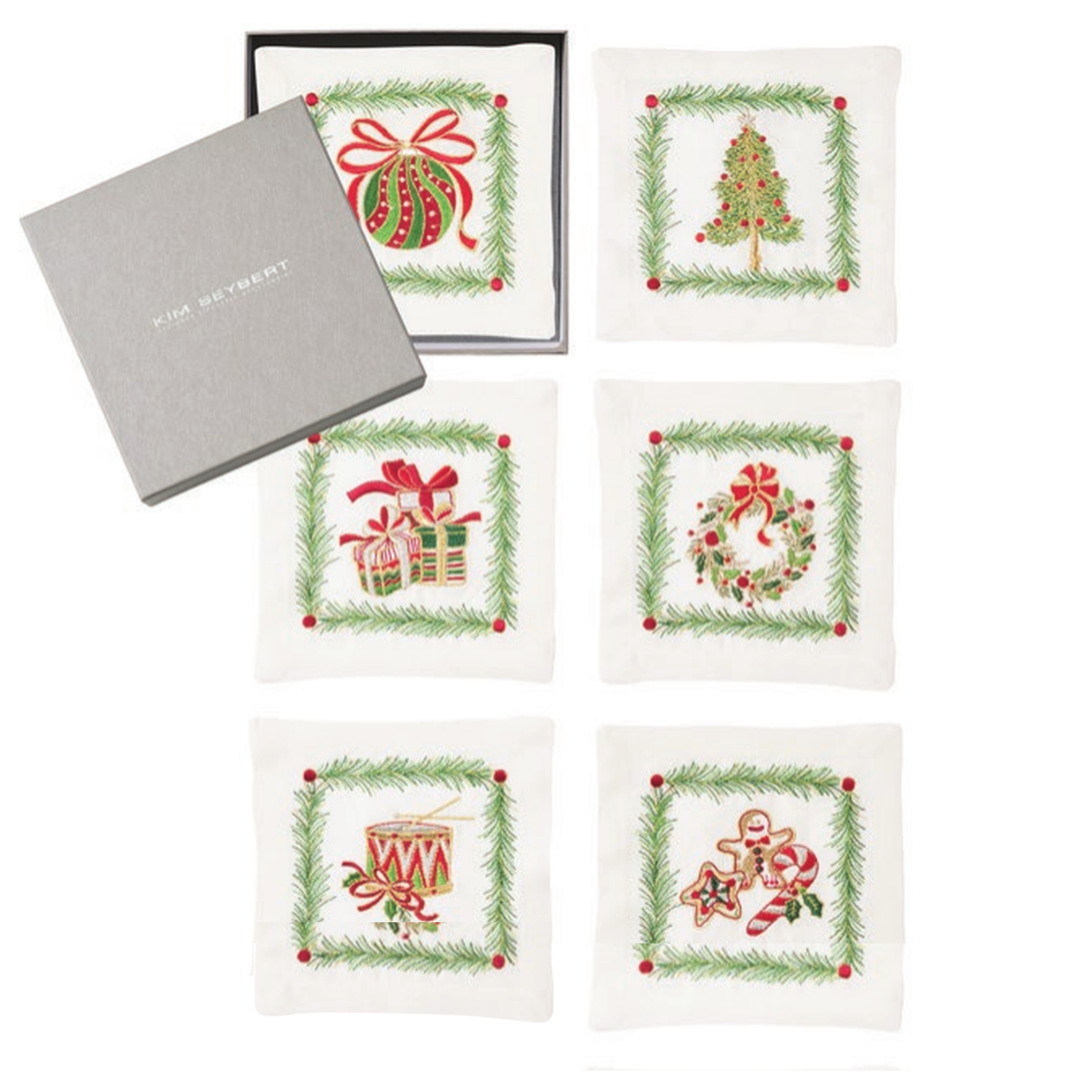 Christmas Trellis Cocktail Napkins in White/Multi, Set of 6