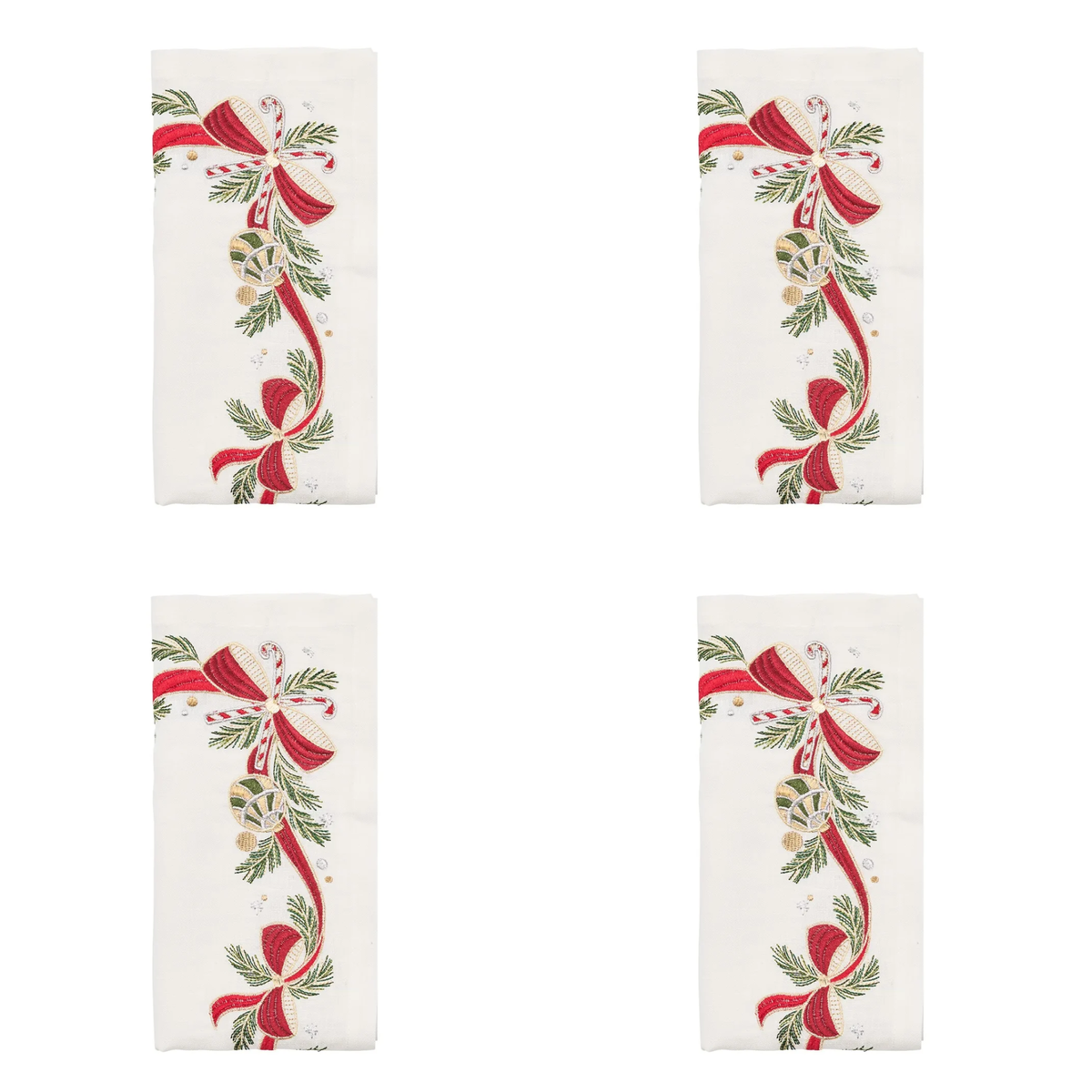 Tinsel Bow Napkin in White, Red & Green - Set of 4