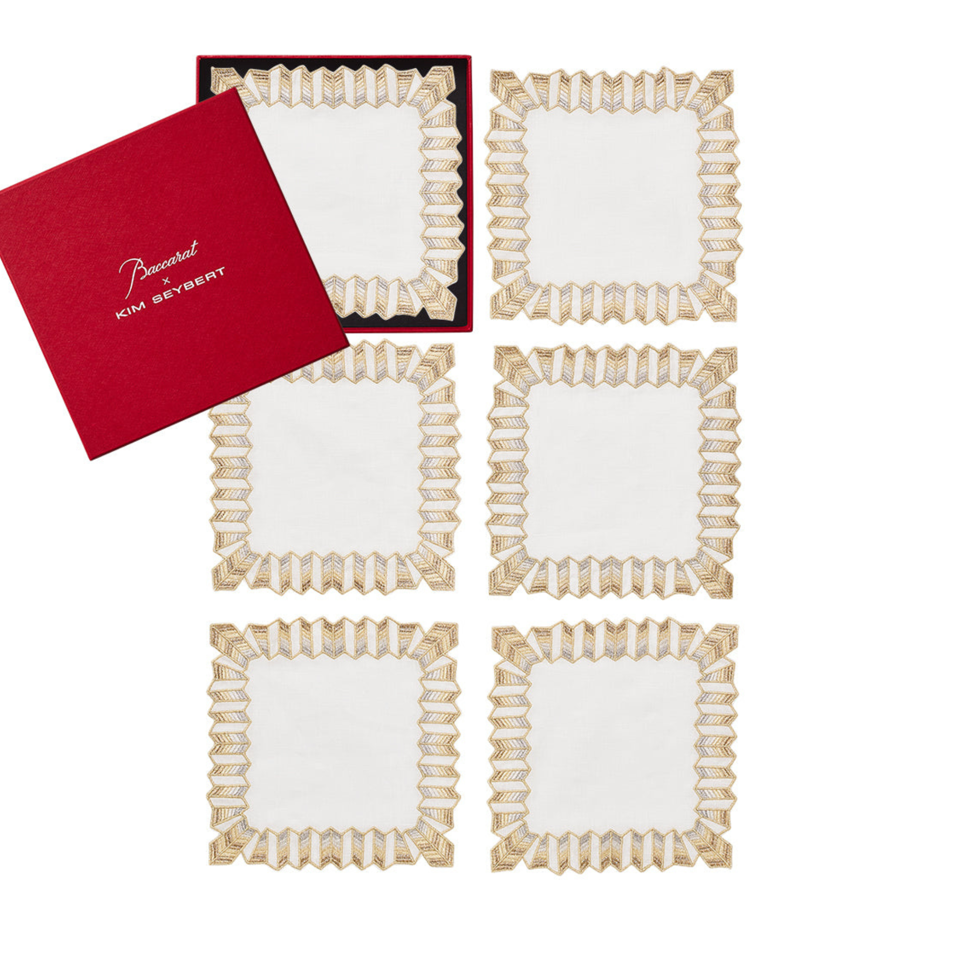 Etoile Cocktail Napkins in White, Gold & Silver, Set of 6 in a Gift Box