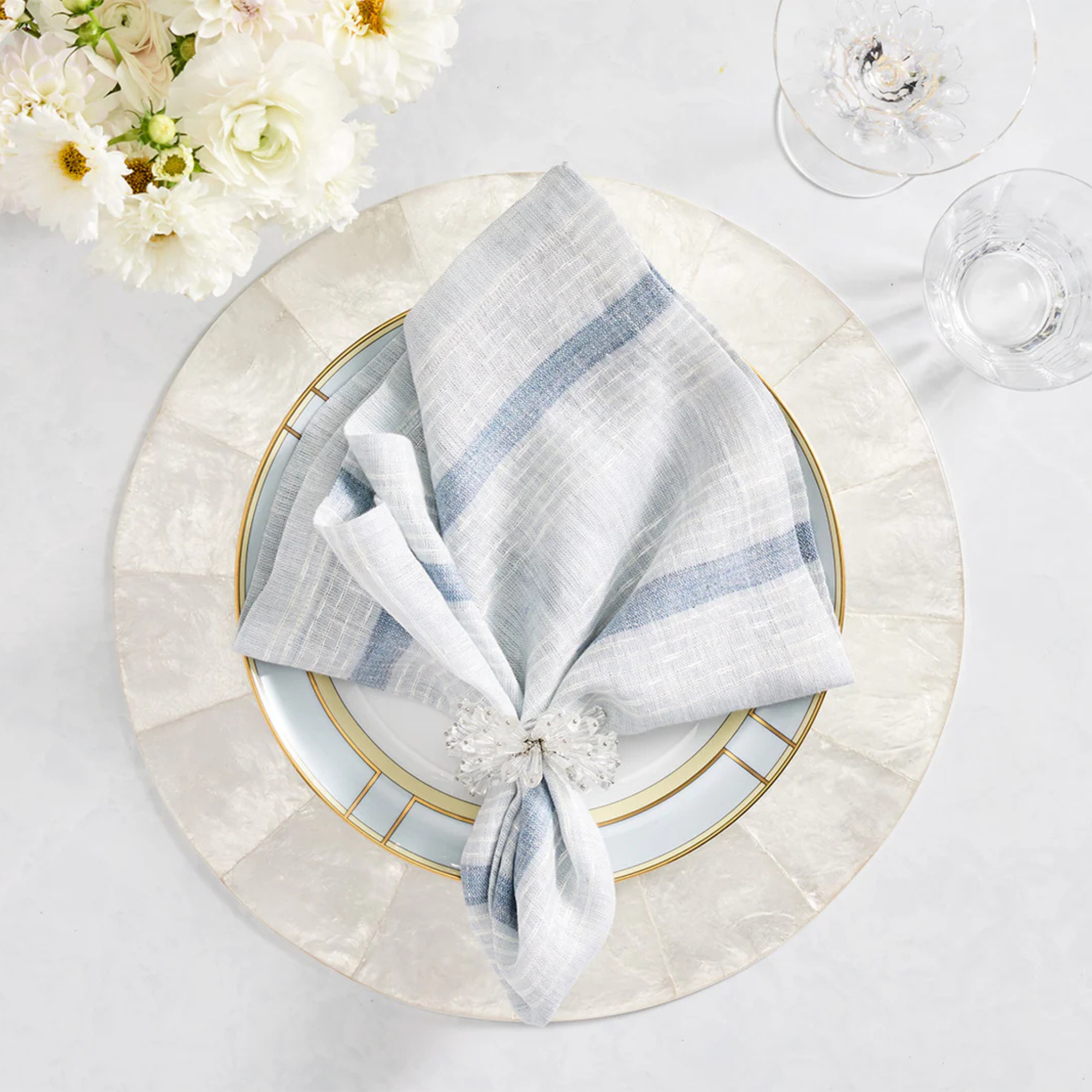 Ribbon Stripe Napkin in Ivory and Blue - Set of 4