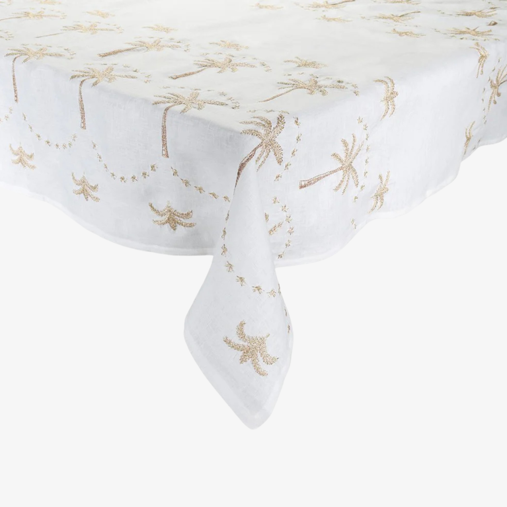Embroidered Palm Tablecloth in White, Natural & Gold
