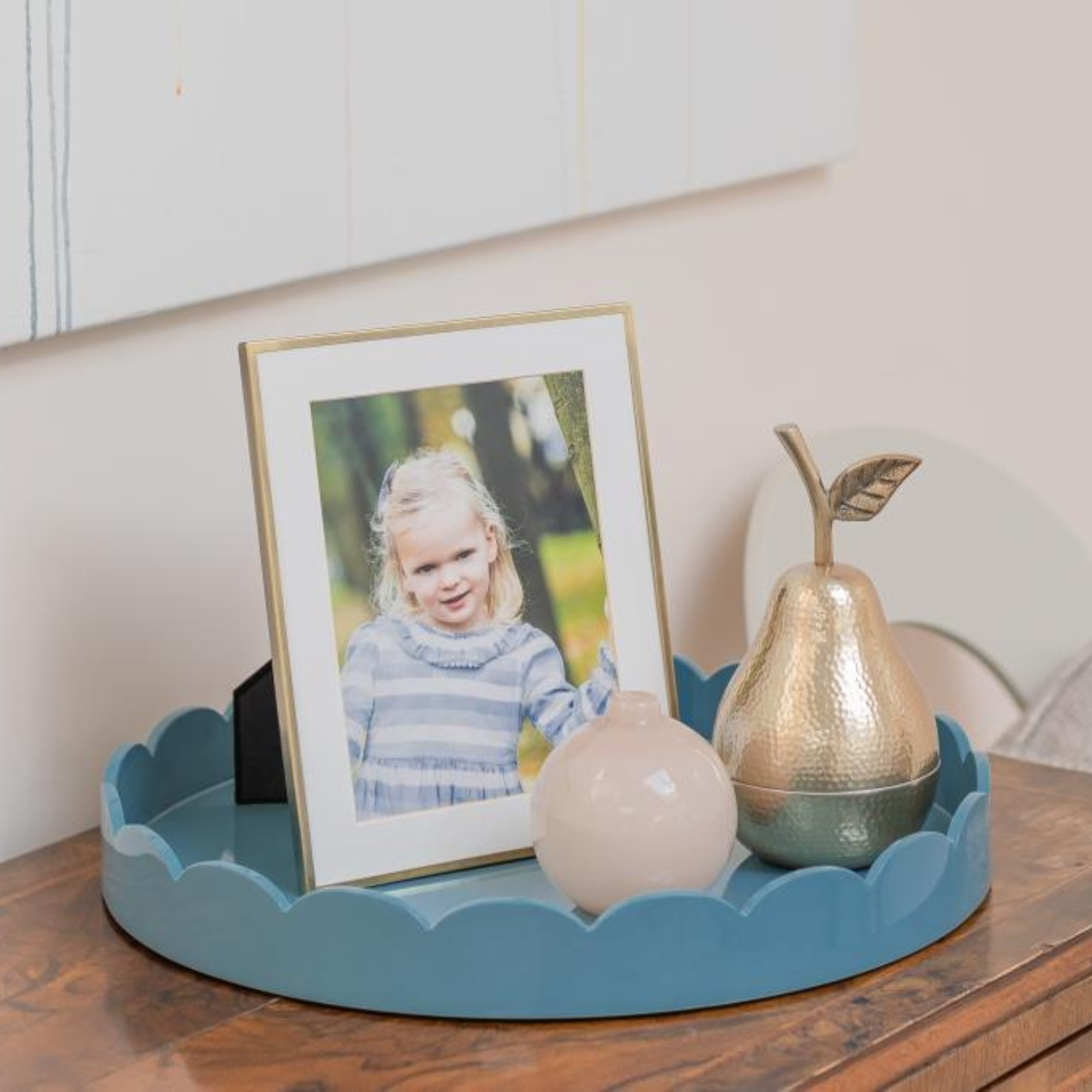 Round Lacquered Scallop Ottoman Tray - Chambray Blue