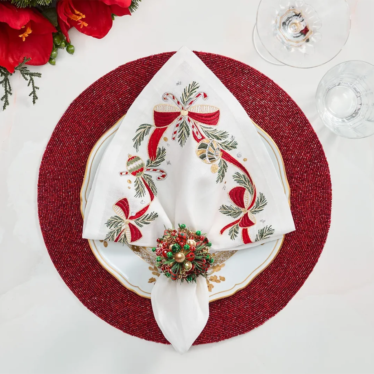 Tinsel Bow Napkin in White, Red & Green - Set of 4
