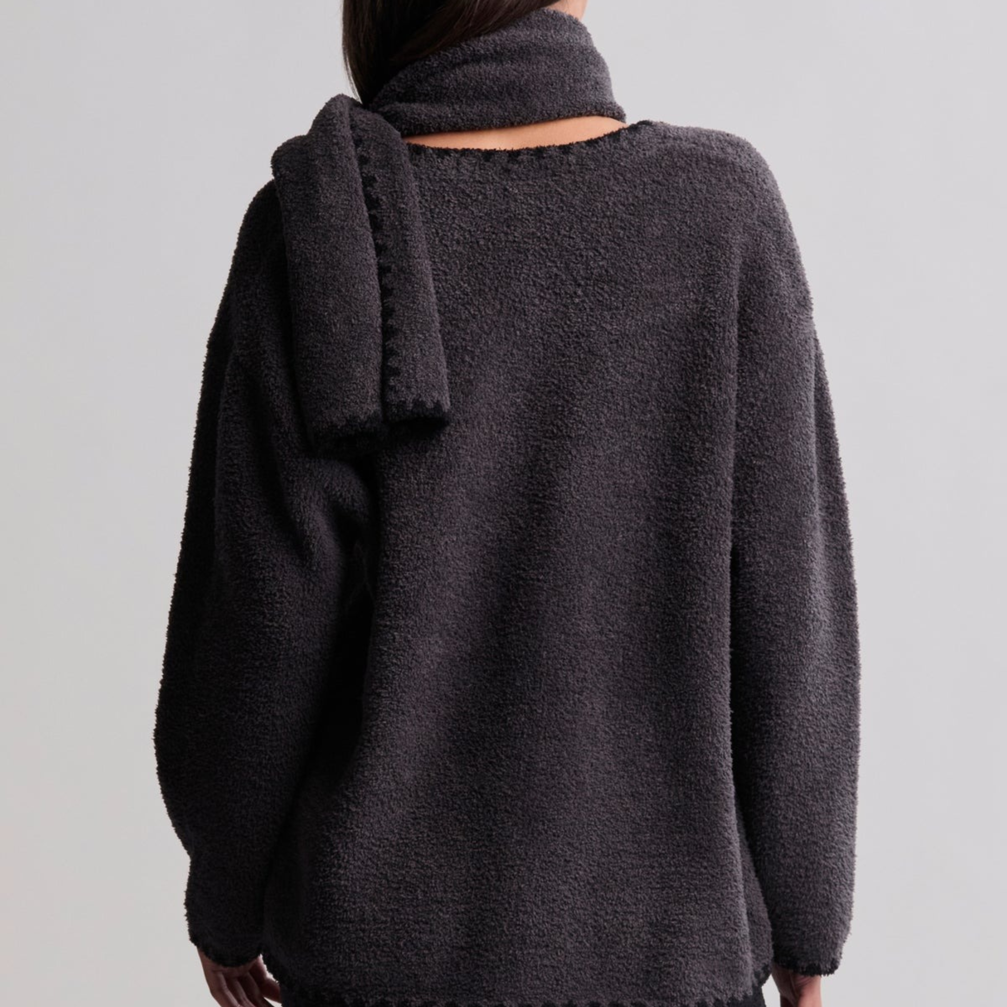 #Color_Carbon | CozyChic Blanket Stitch Cardigan with Detachable Scarf
