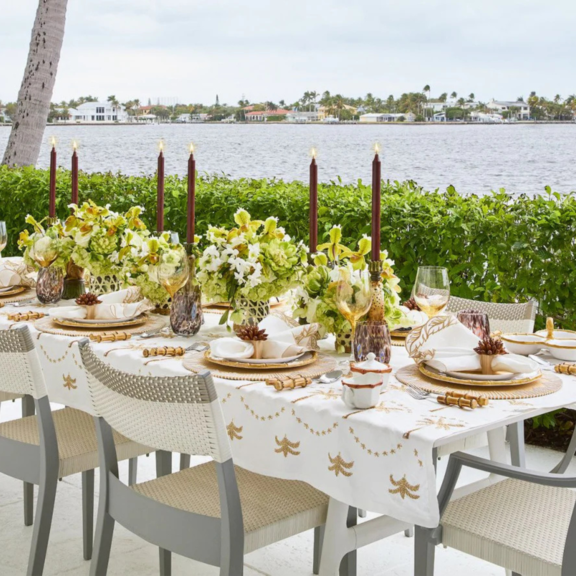 Embroidered Palm Tablecloth in White, Natural & Gold