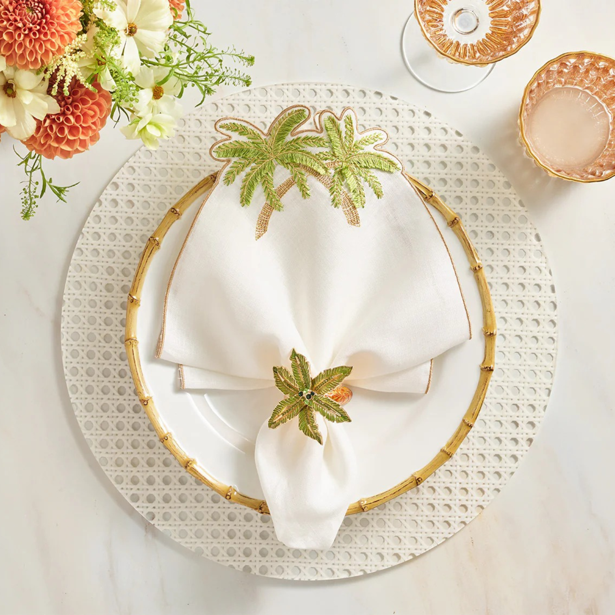 Palmera Napkin in White, Green & Gold - Set of 4