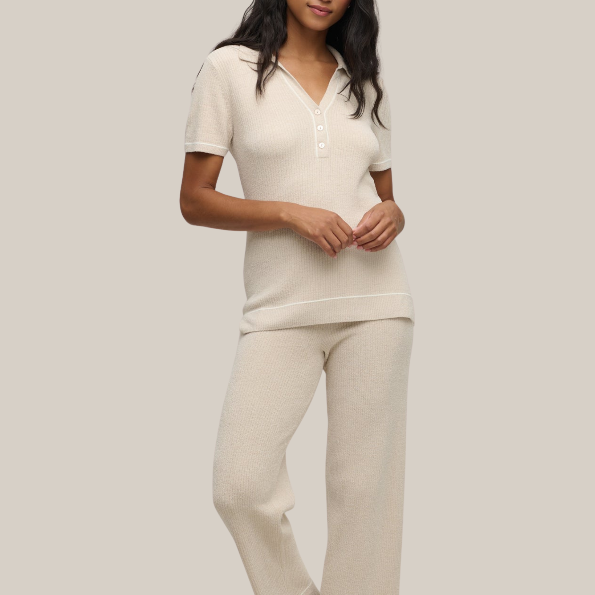 CozyChic Ultra Lite Contrast Stripe Ribbed Collar Henley