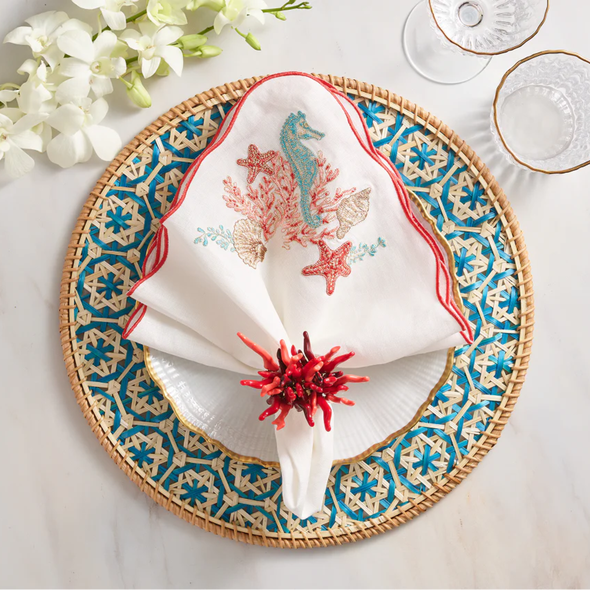 Marina Napkin in White & Multi - Set of 4