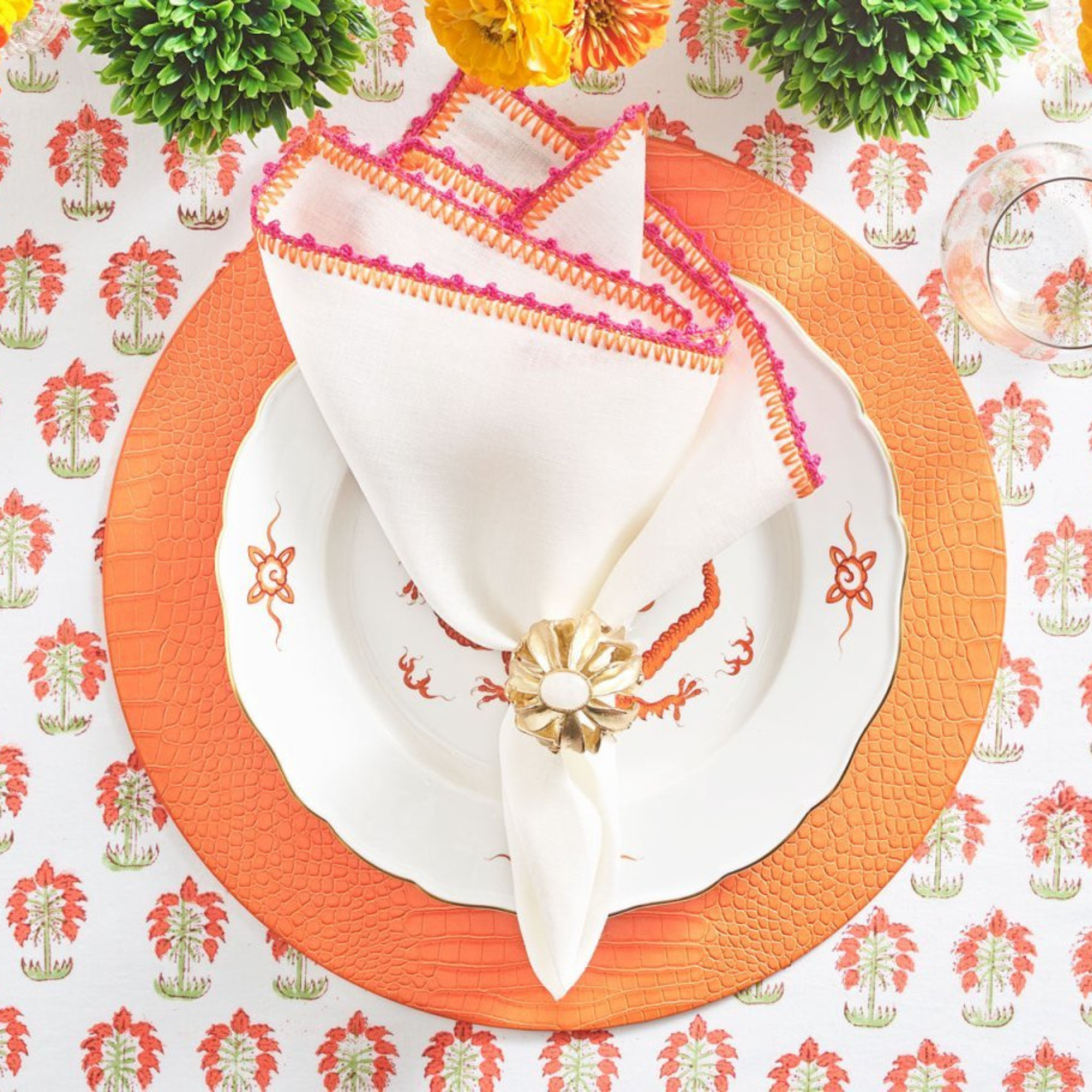 Knotted Edge Napkin in White, Pink & Orange - Set of 4