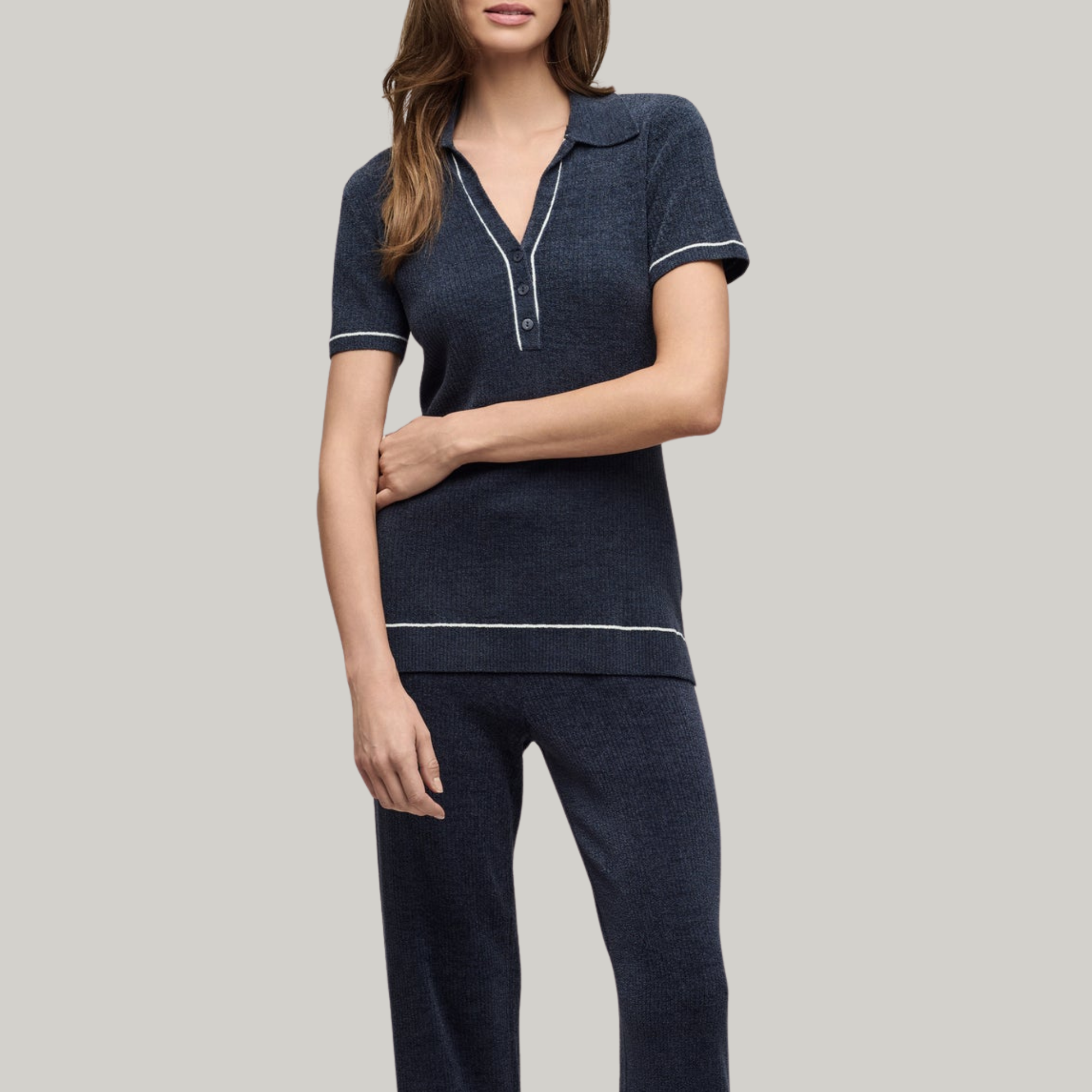 CozyChic Ultra Lite Contrast Stripe Ribbed Collar Henley