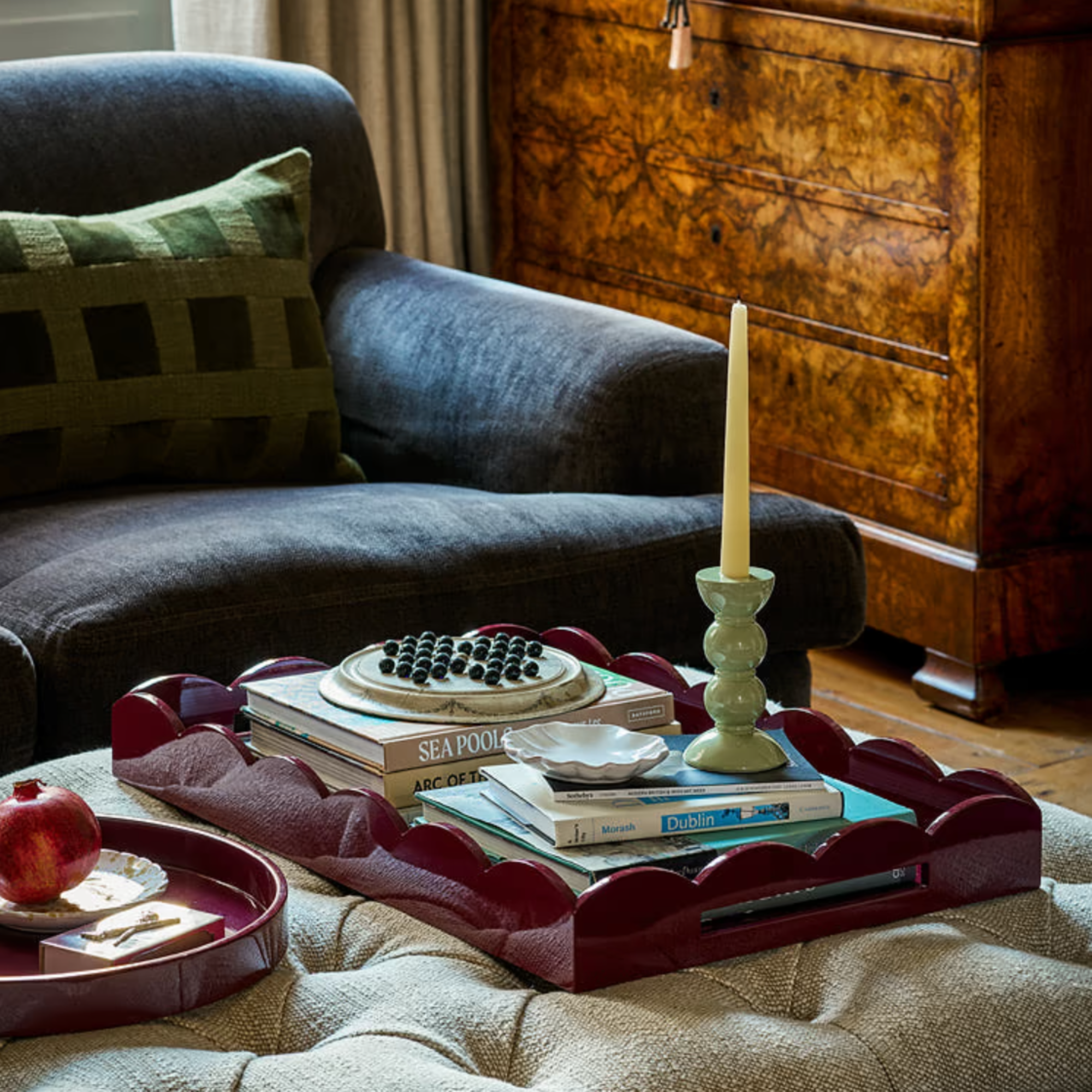 Large Lacquered Scalloped Edge Tray in Cherry