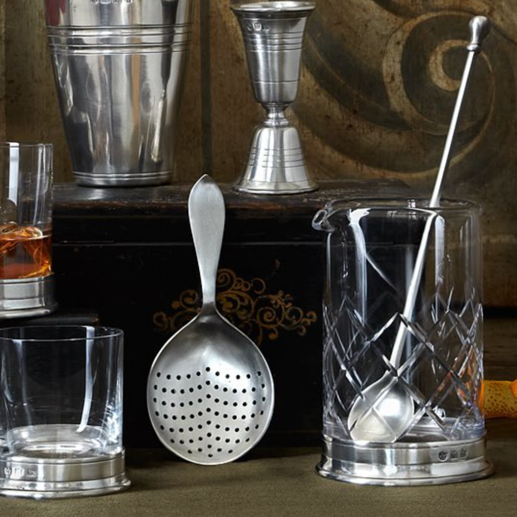 Pewter Mixing Glass & Cocktail Strainer Set