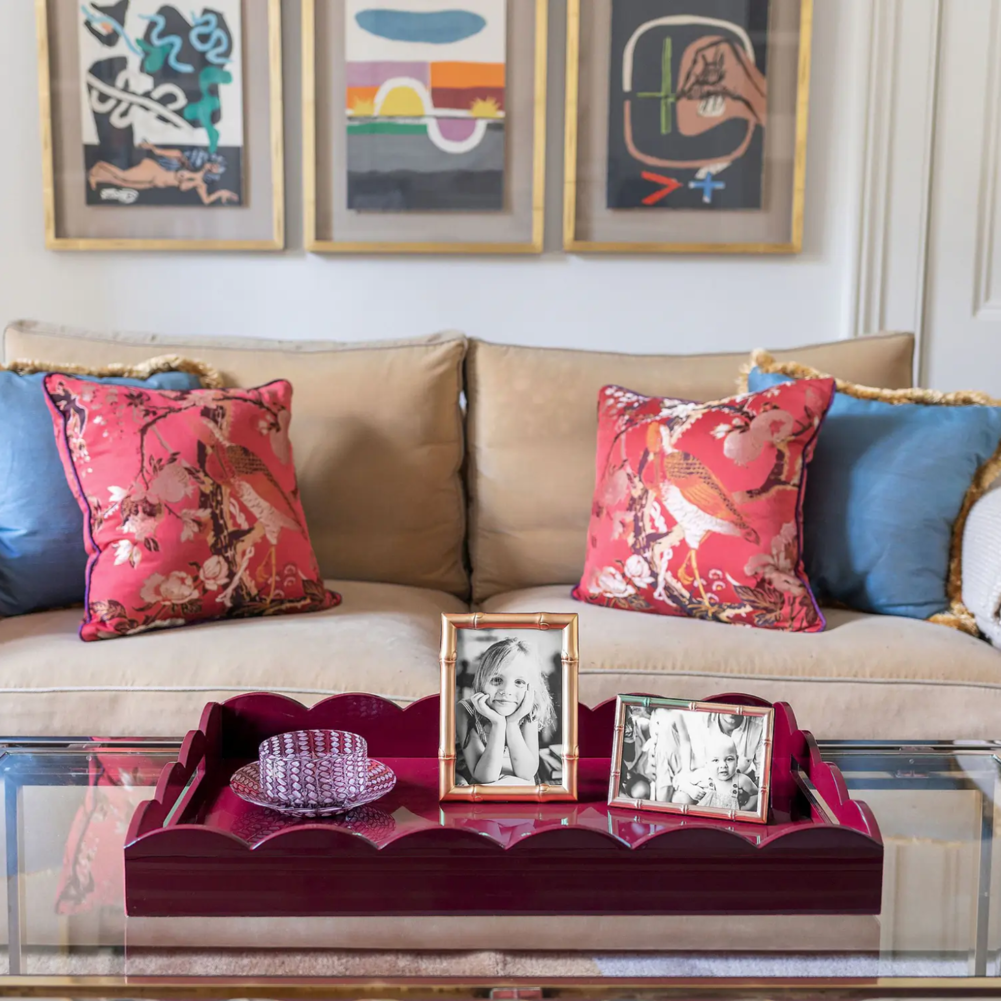 Large Lacquered Scalloped Edge Tray in Cherry