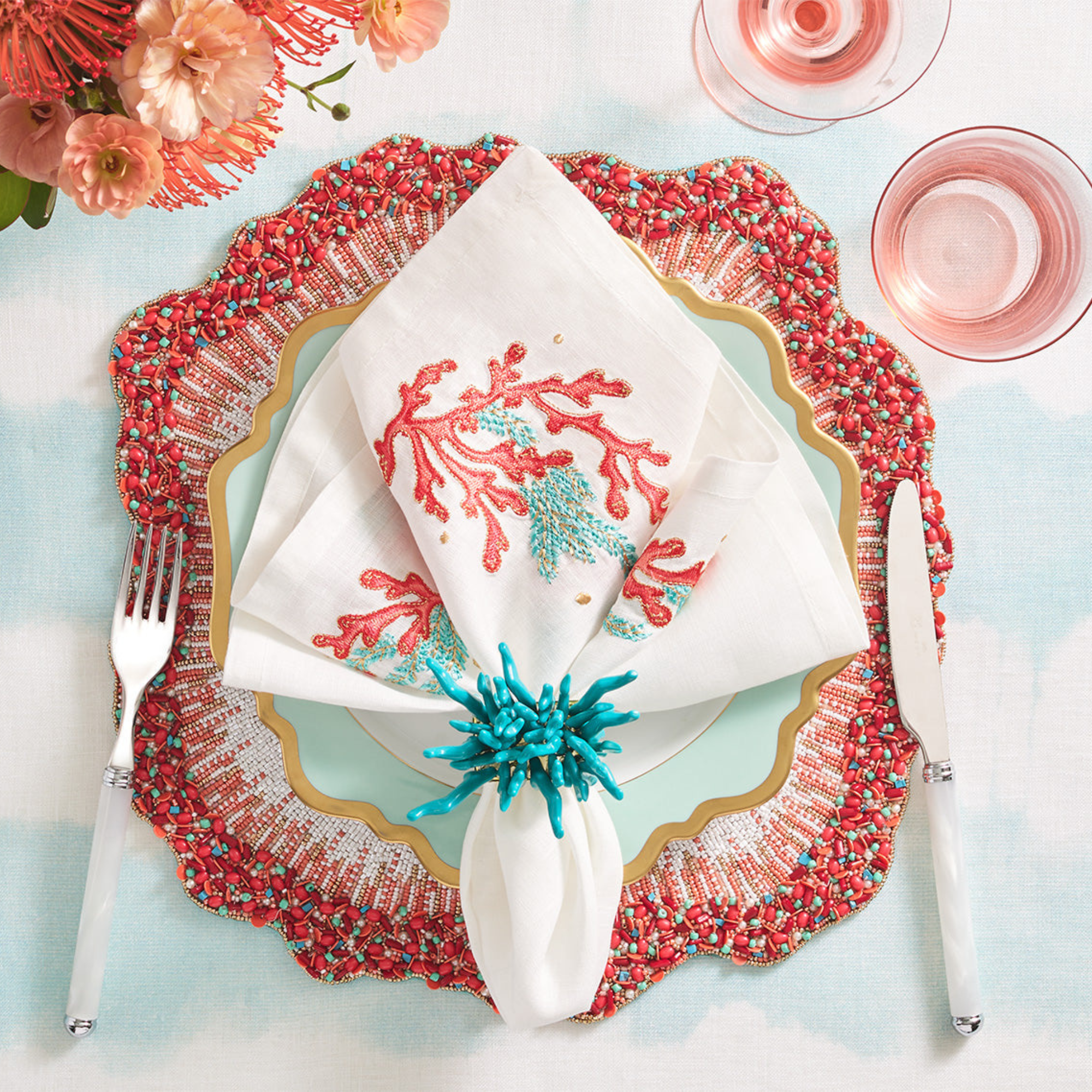 Coral Spray Napkin in White, Coral & Turquoise - Set of 4