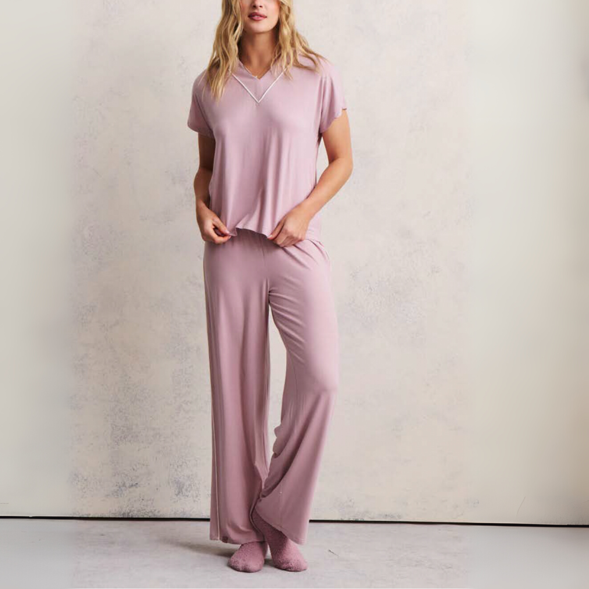 Luxe Milk Jersey Piped Short Sleeve Pant Set