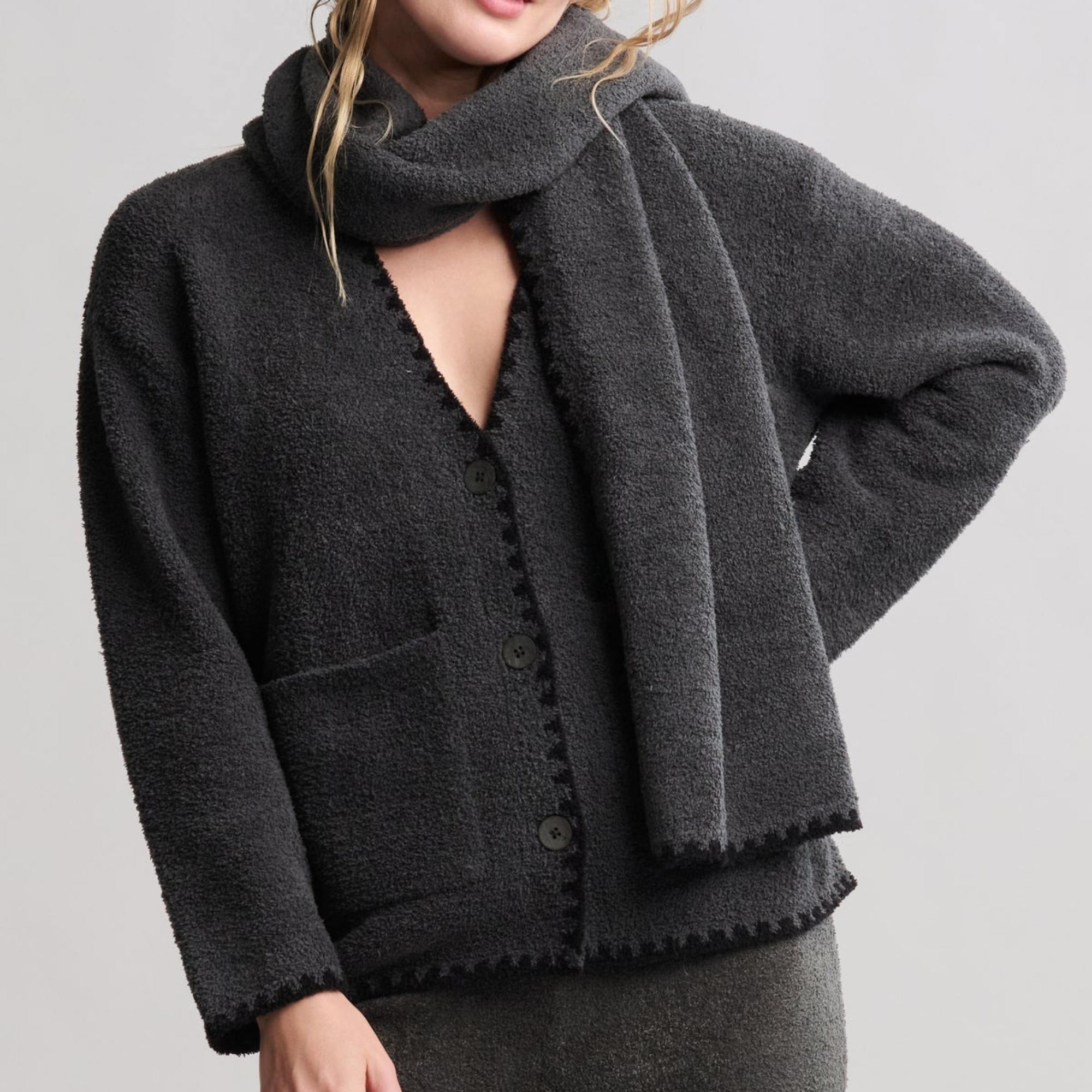 #Color_Dark Moss | CozyChic Blanket Stitch Cardigan with Detachable Scarf