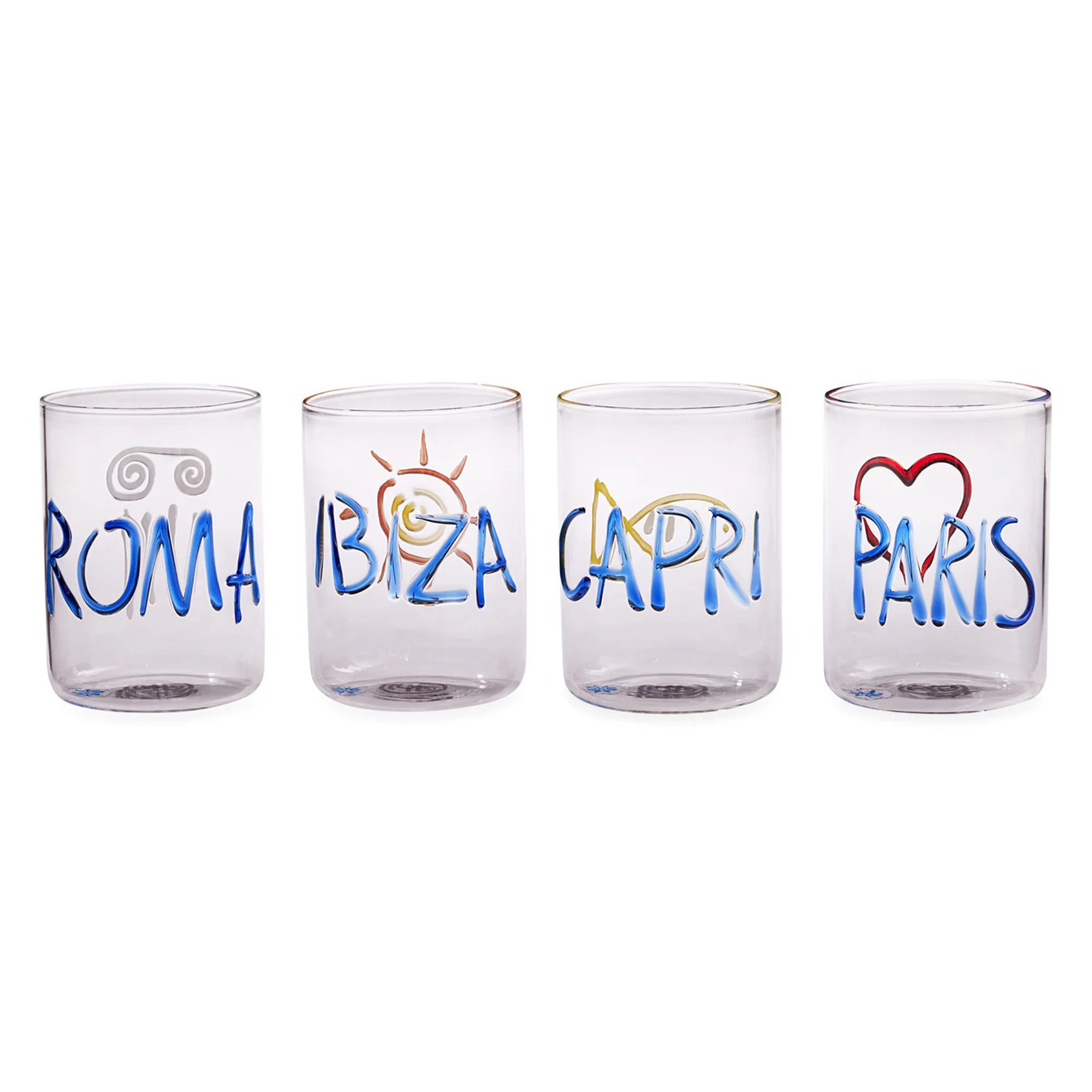 Jet Set Glassware Set: Paris, Roma, Ibiza, Capri
