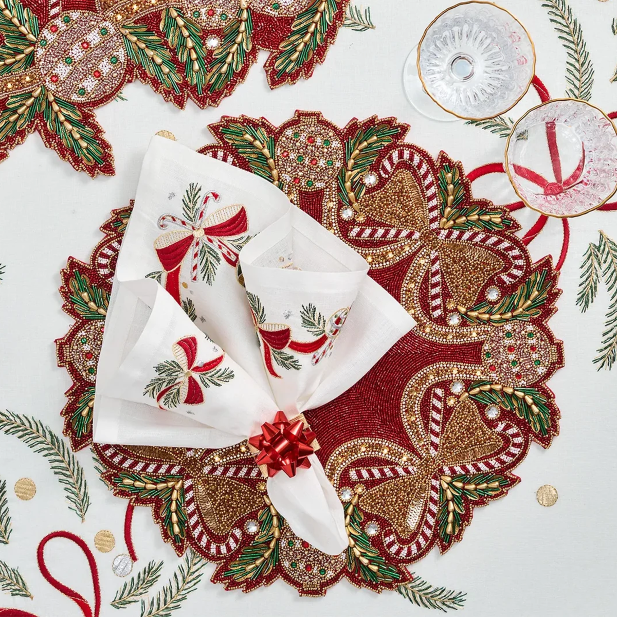 Candy Cane Bow Placemat in Red, Green & Gold - Set of 4