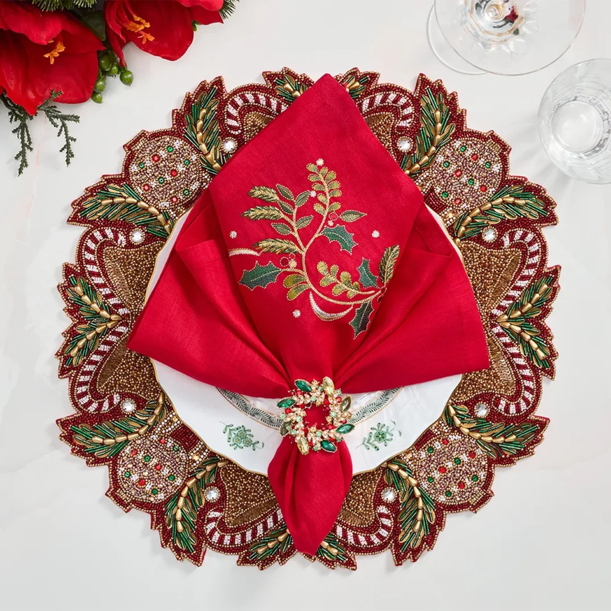 Candy Cane Bow Placemat in Red, Green & Gold - Set of 4