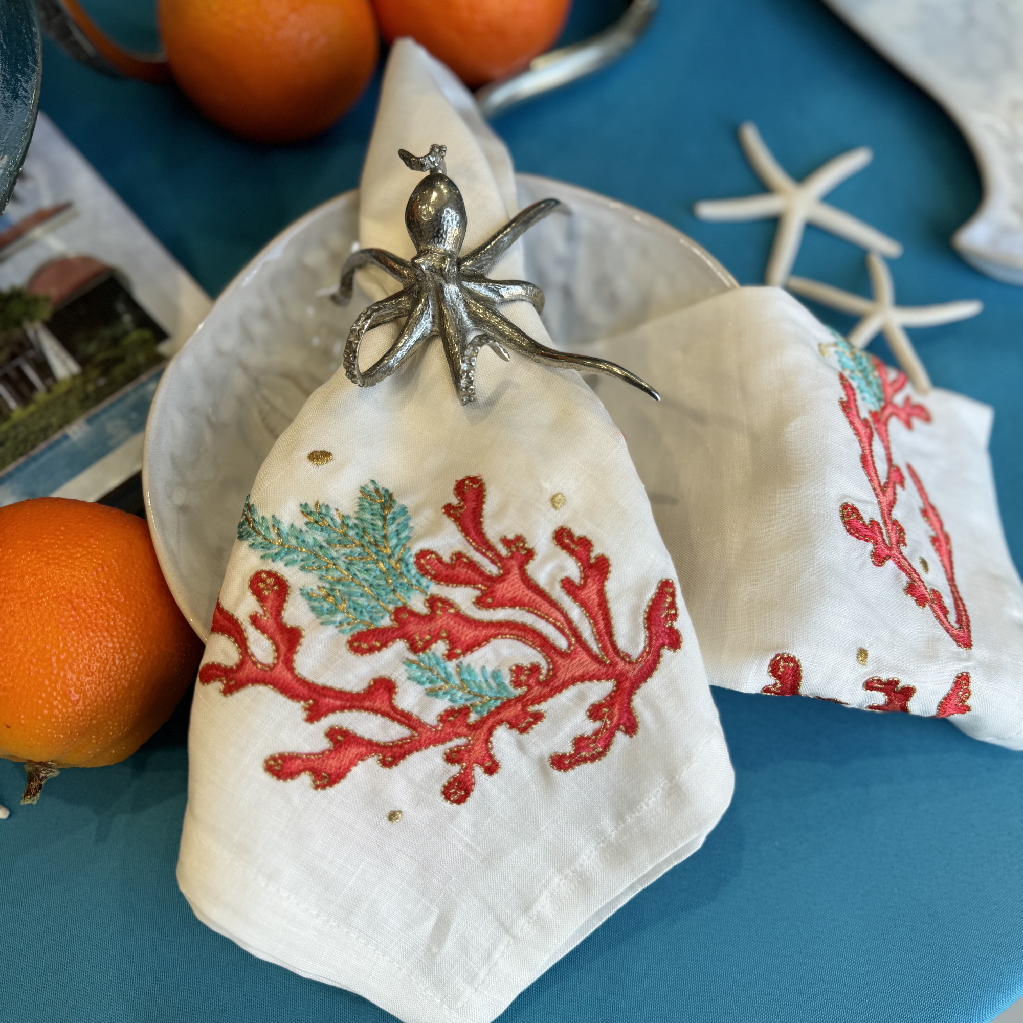 Coral Spray Napkin in White, Coral & Turquoise - Set of 4