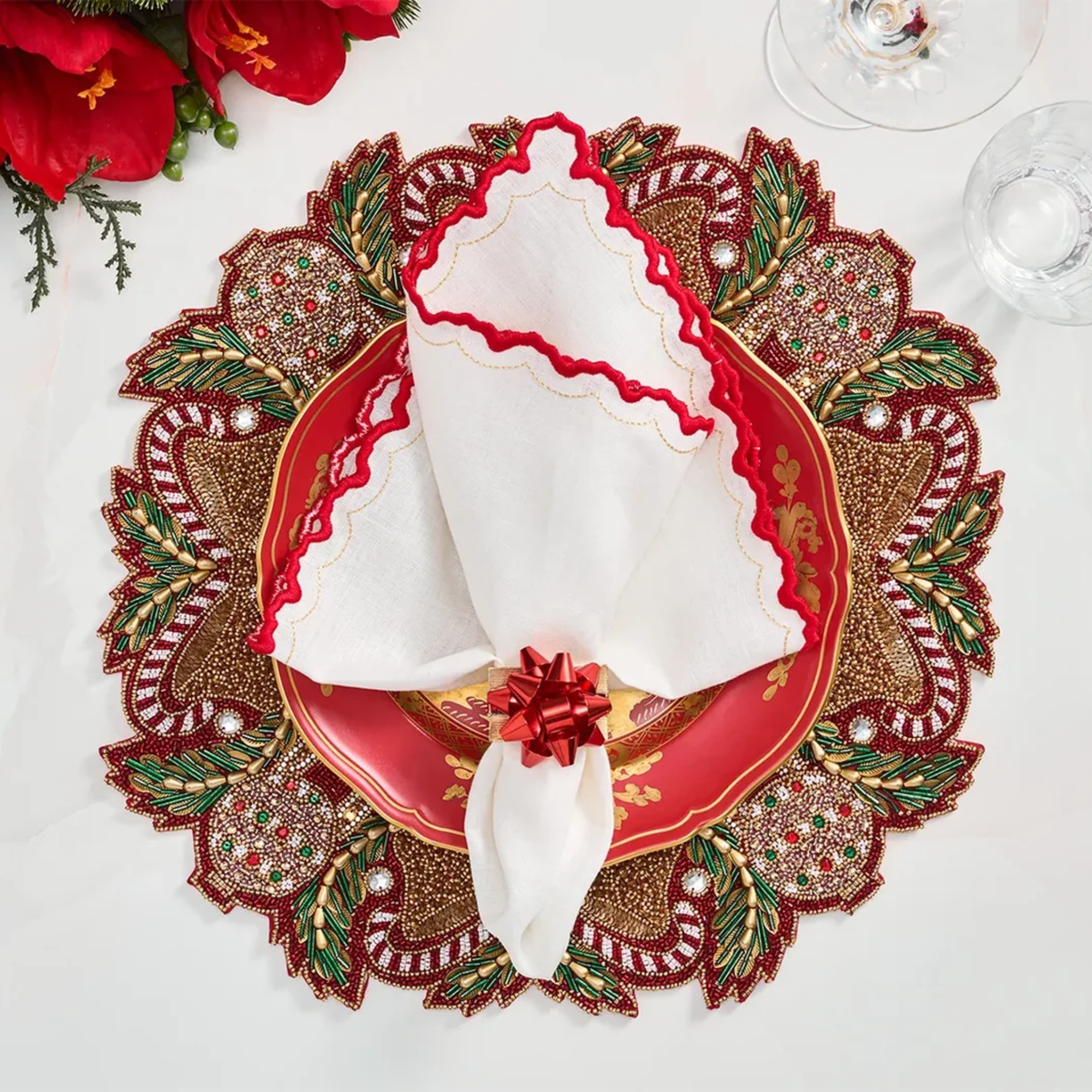 Candy Cane Bow Placemat in Red, Green & Gold - Set of 4