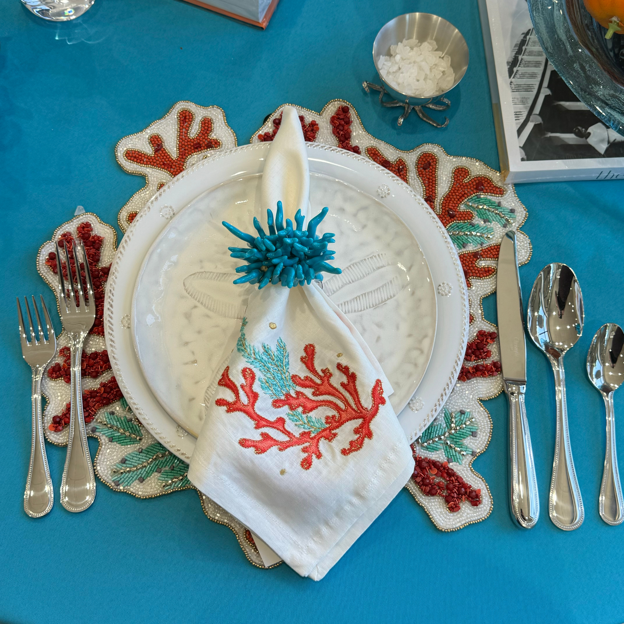 Coral Spray Napkin in White, Coral & Turquoise - Set of 4