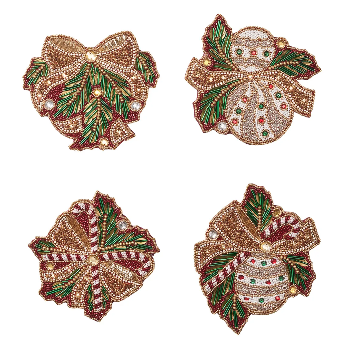 Candy Cane Bow Drink Coasters in Red, Green & Gold - Set of 4