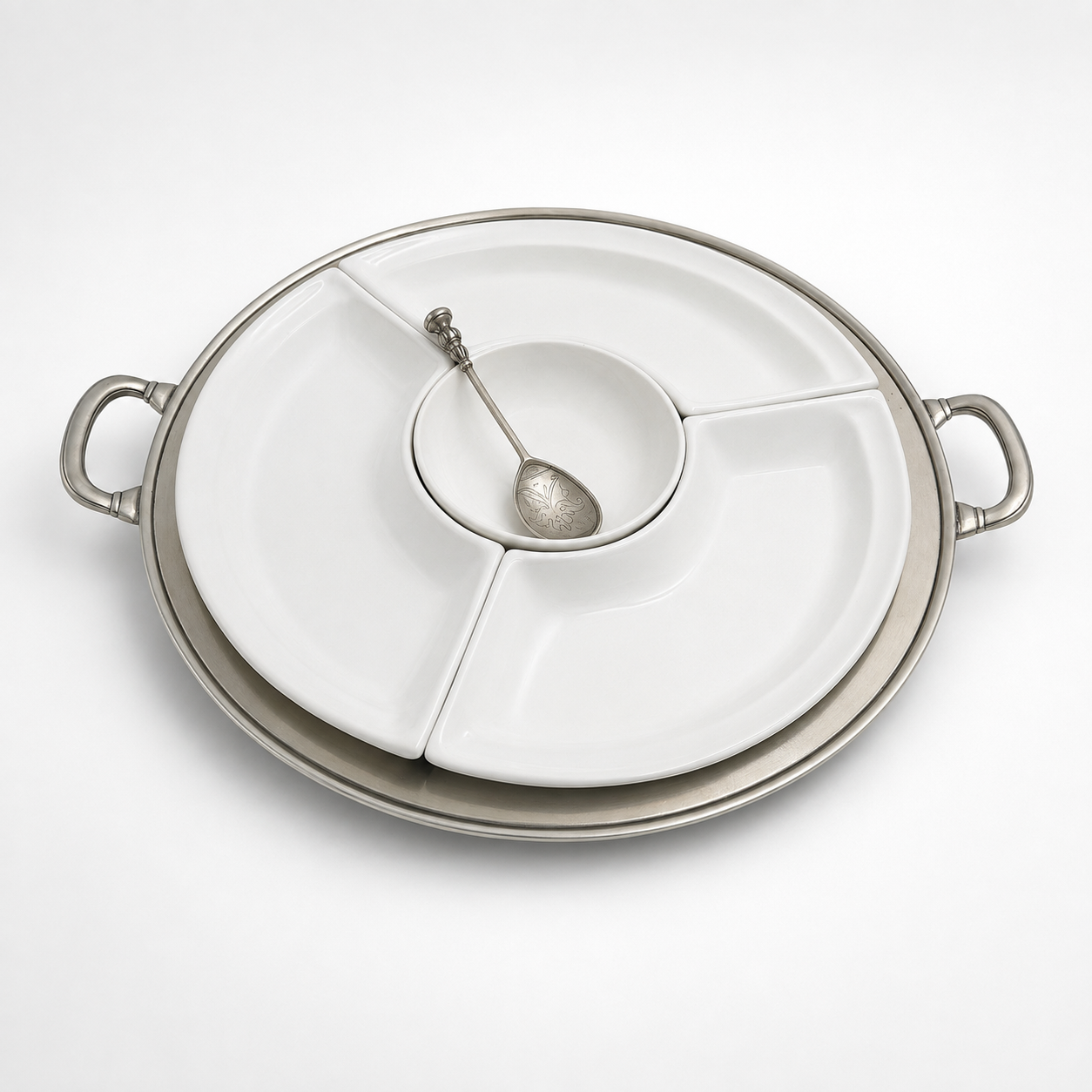 Convivio Round Sectional Platter & Pewter Cavalier Spoon Bundle