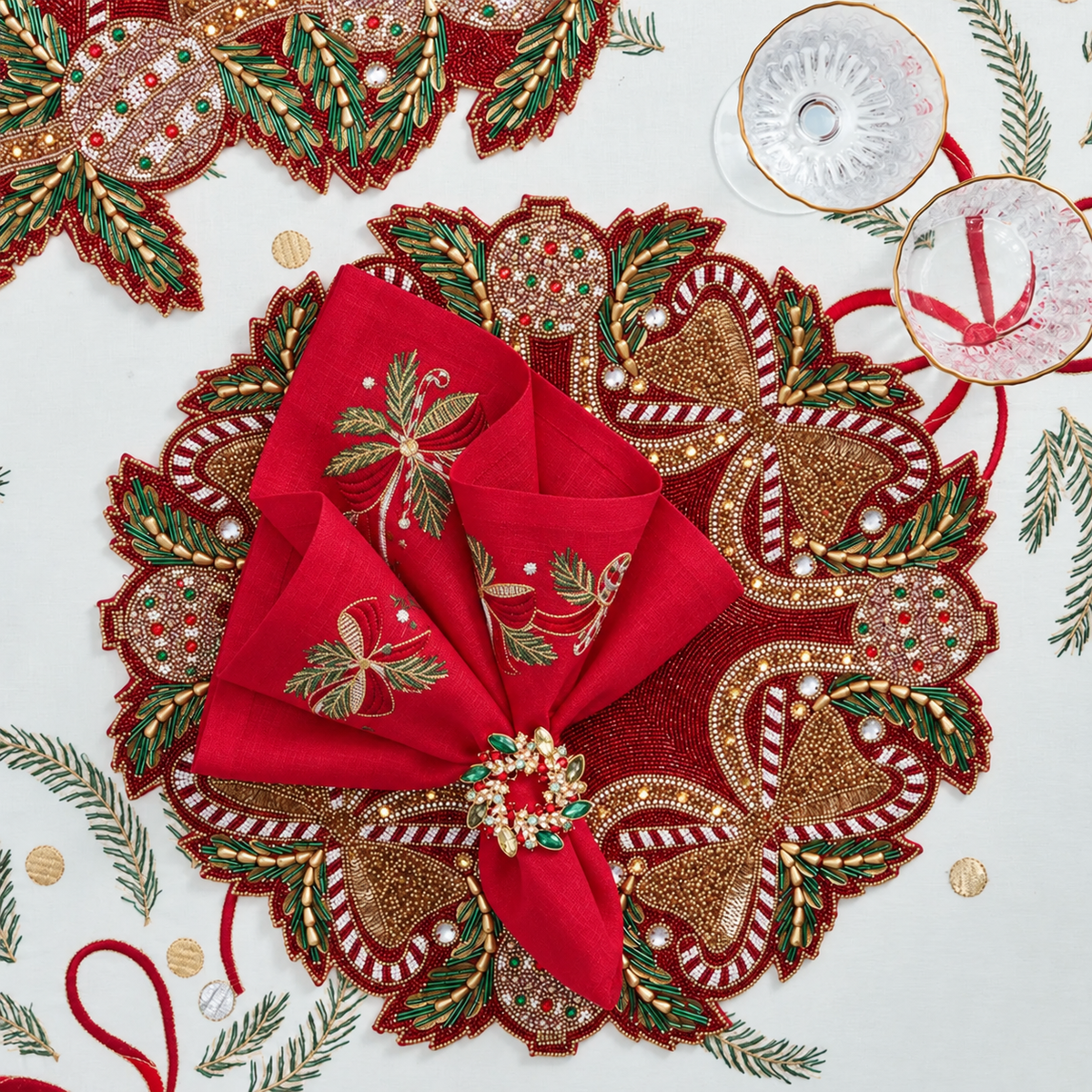 Candy Cane Bow Placemat in Red, Green & Gold - Set of 4