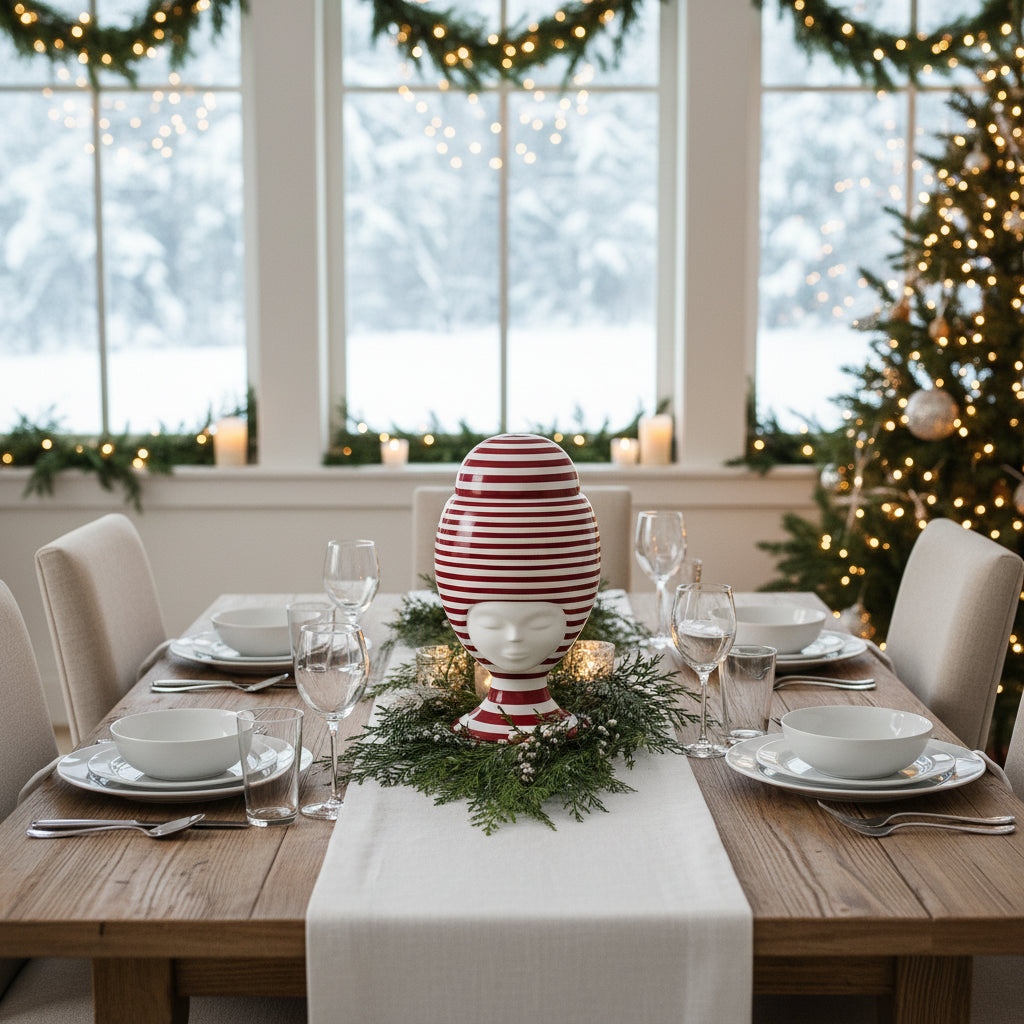 Sister Helen California Vase in Matte White with Red Stripes