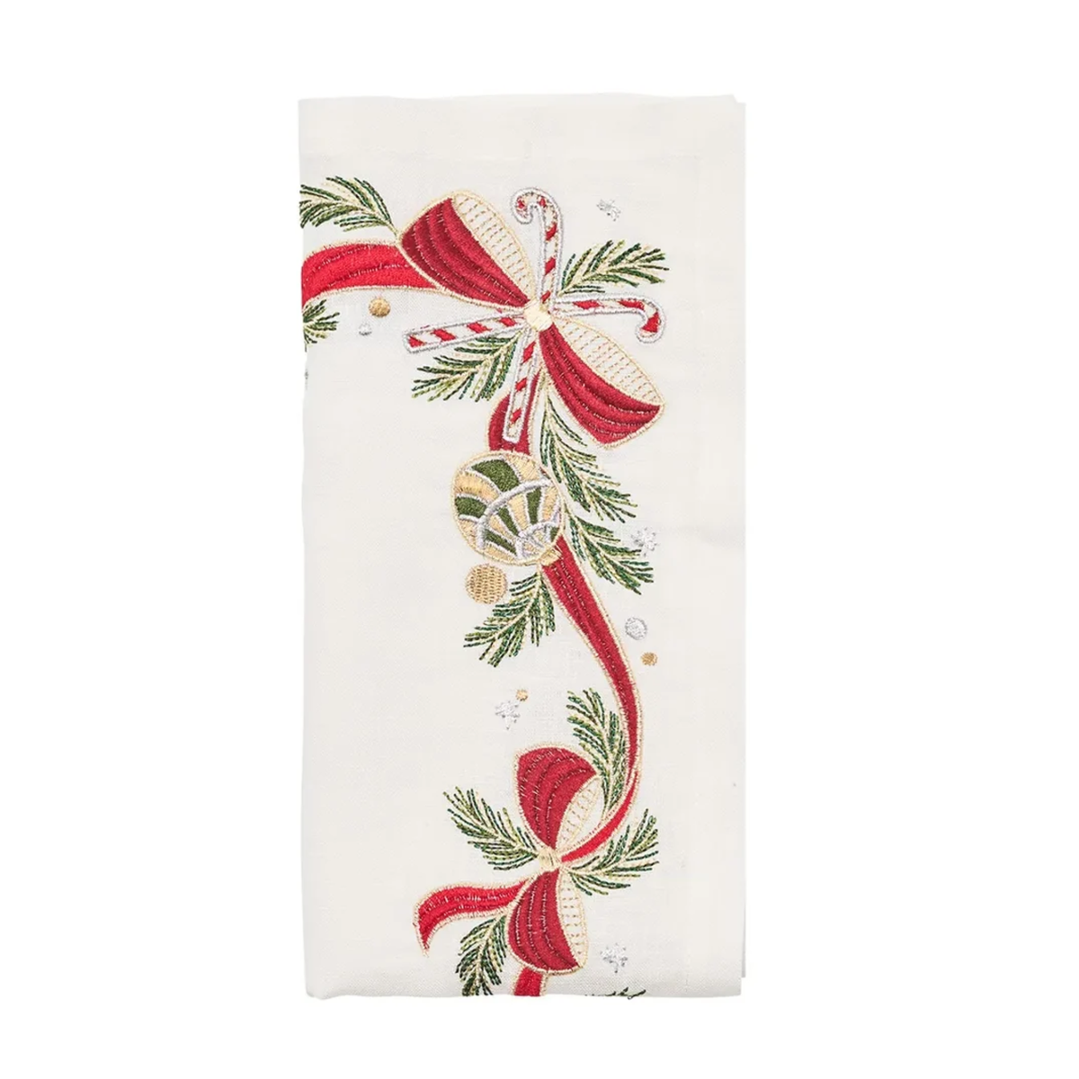 Tinsel Bow Napkin in White, Red & Green - Set of 4