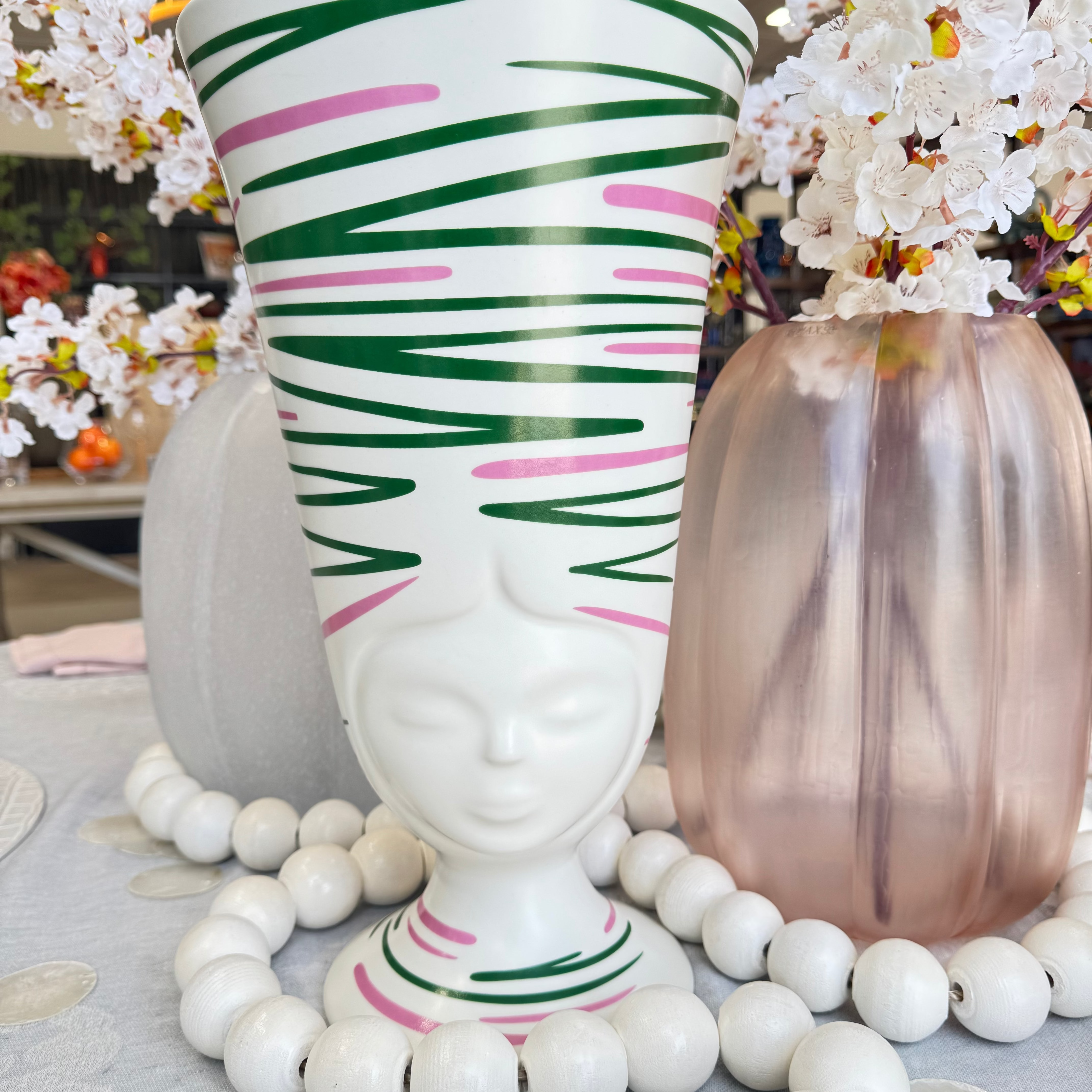 Sister Sofia California Vase in Matte White with Green and Pink Graphics