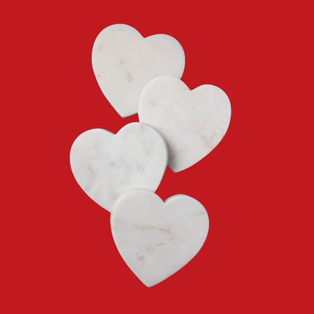 White Marble Heart Coasters - Set of 4